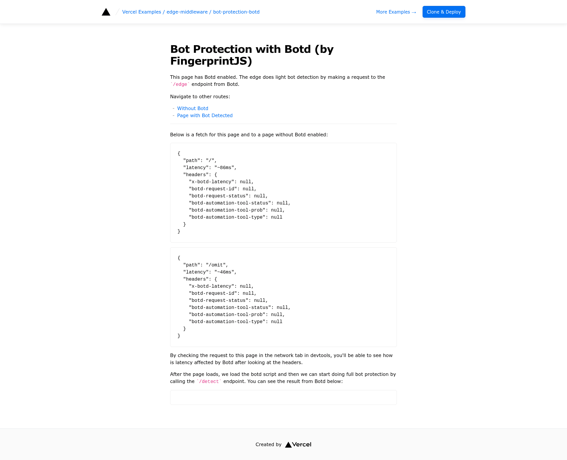 screenshot of Bot Detection with Botd on template0.com