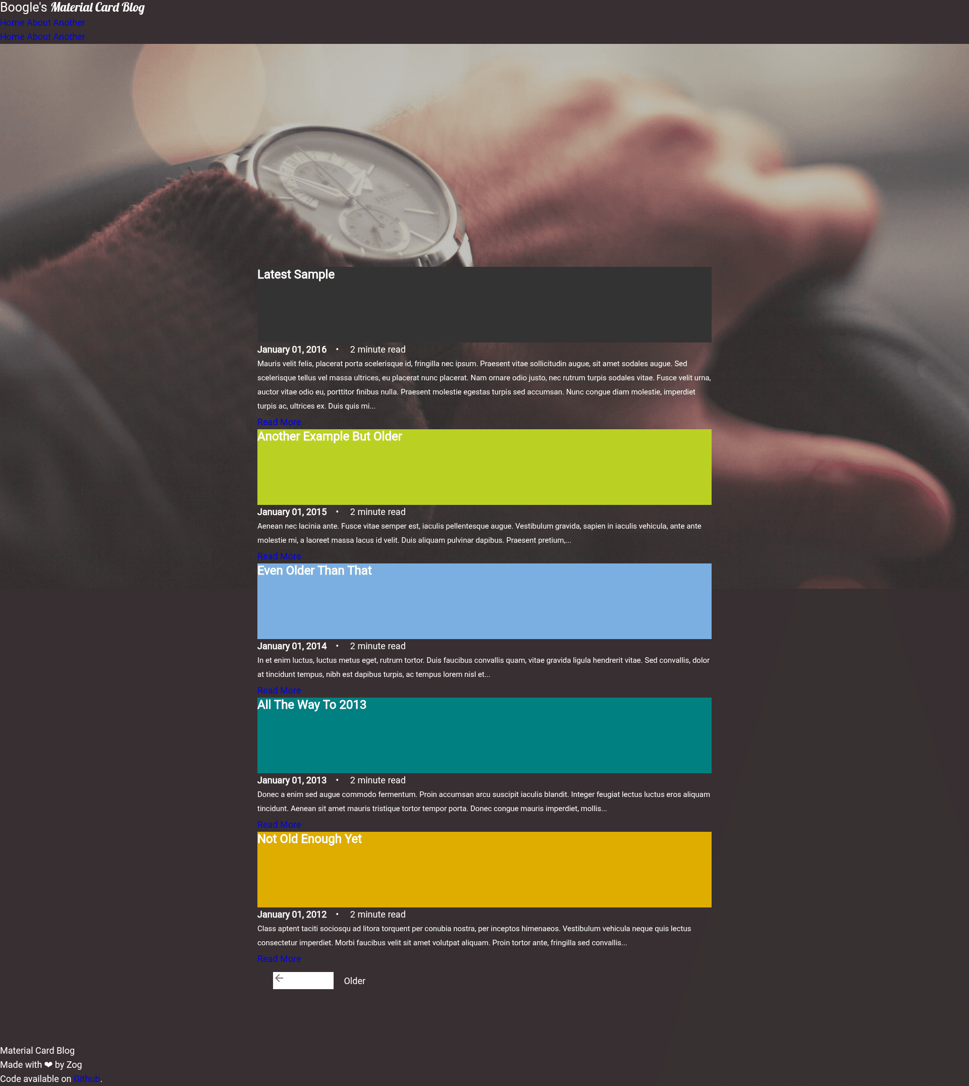 screenshot of Material Card Blog on template0.com