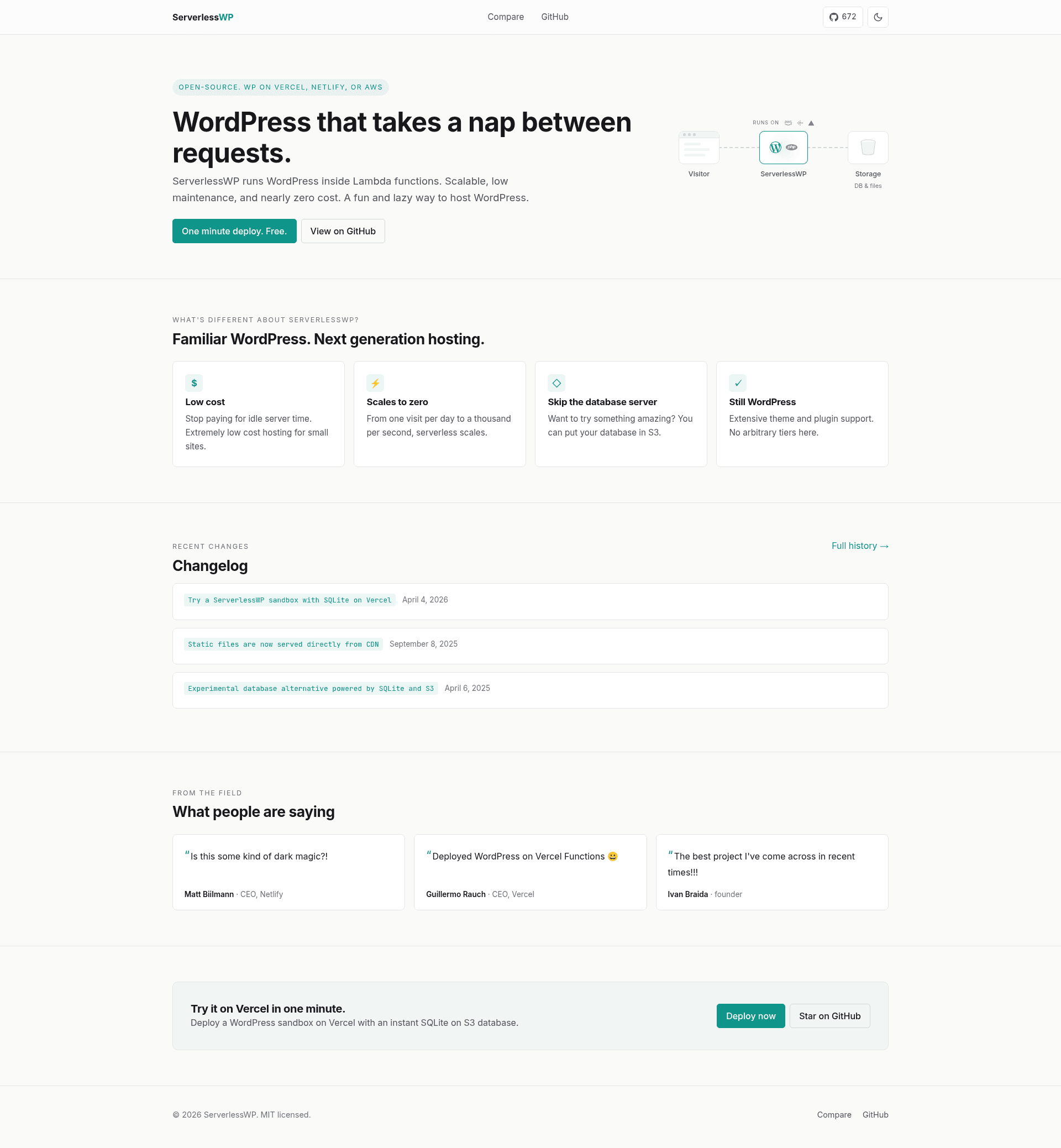 screenshot of ServerlessWP on template0.com