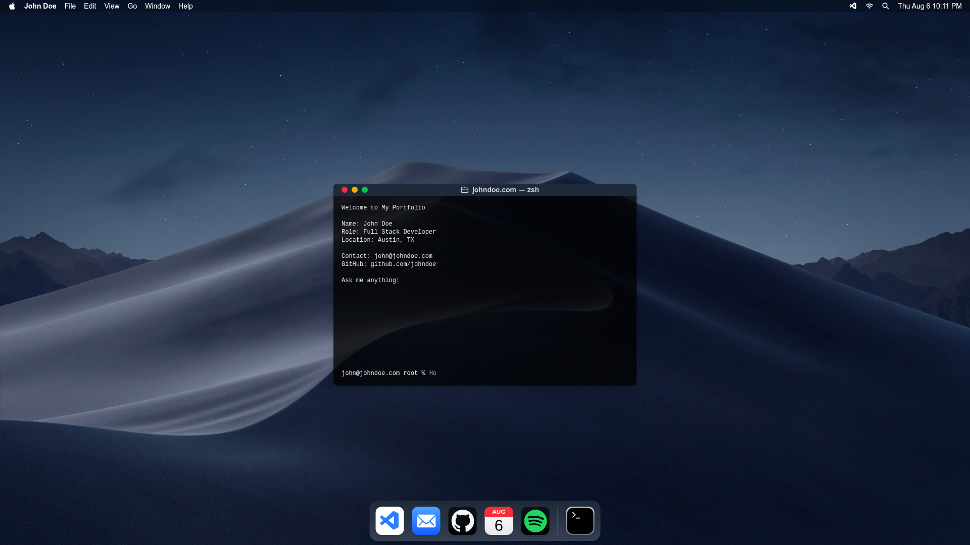 screenshot of MacOS Terminal Portfolio on template0.com