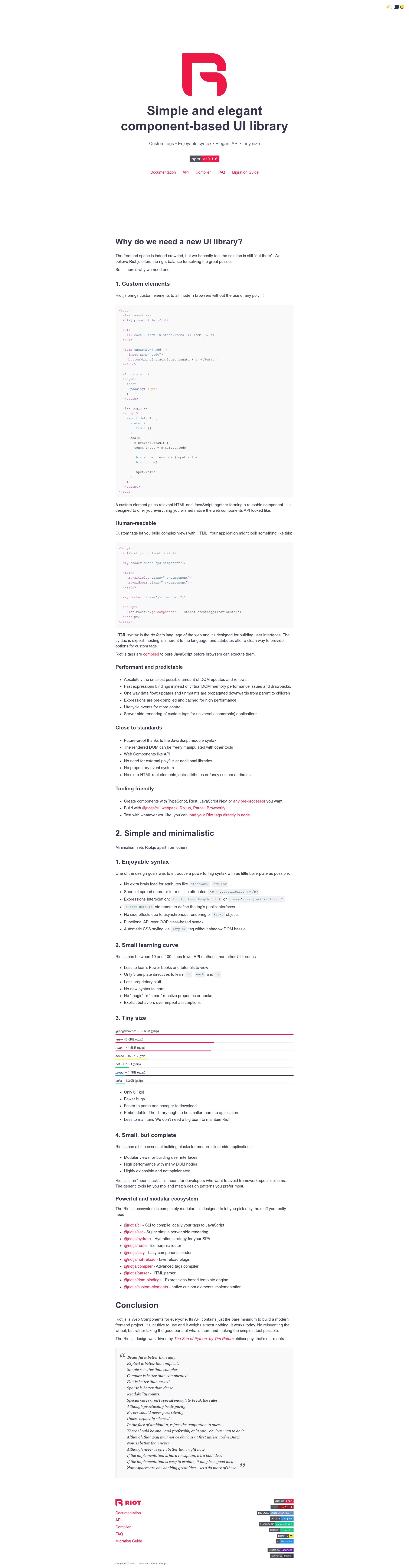 screenshot of Riot.js on template0.com