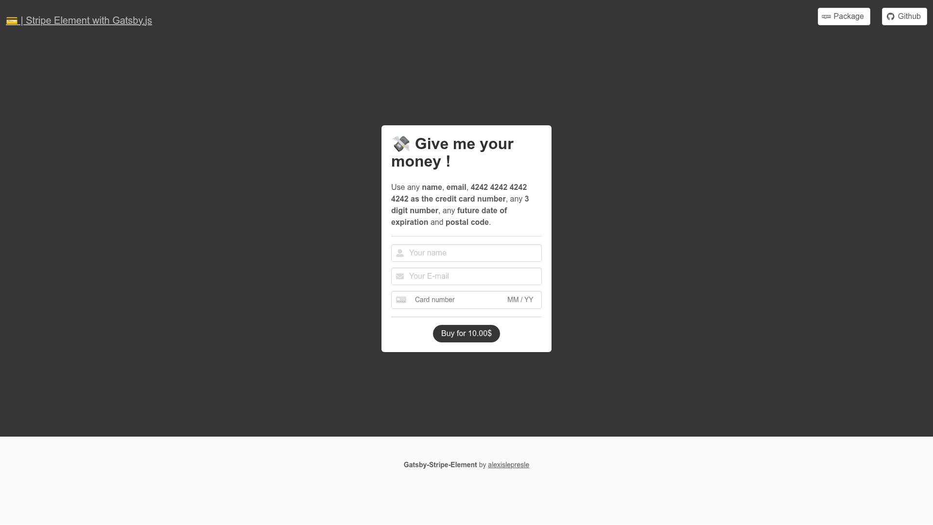 screenshot of Gatsby Stripe Element on template0.com