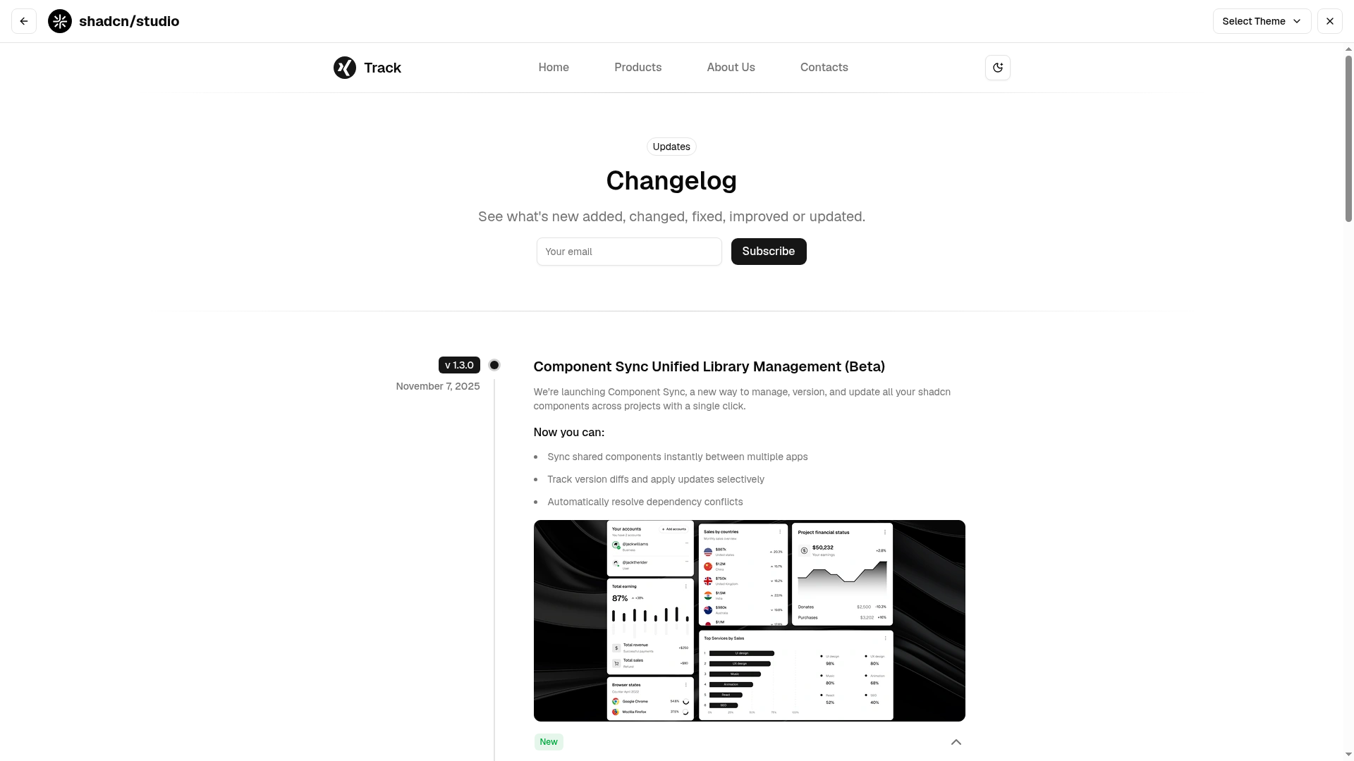 screenshot of Track - Shadcn UI Changelog Landing Page Template on template0.com