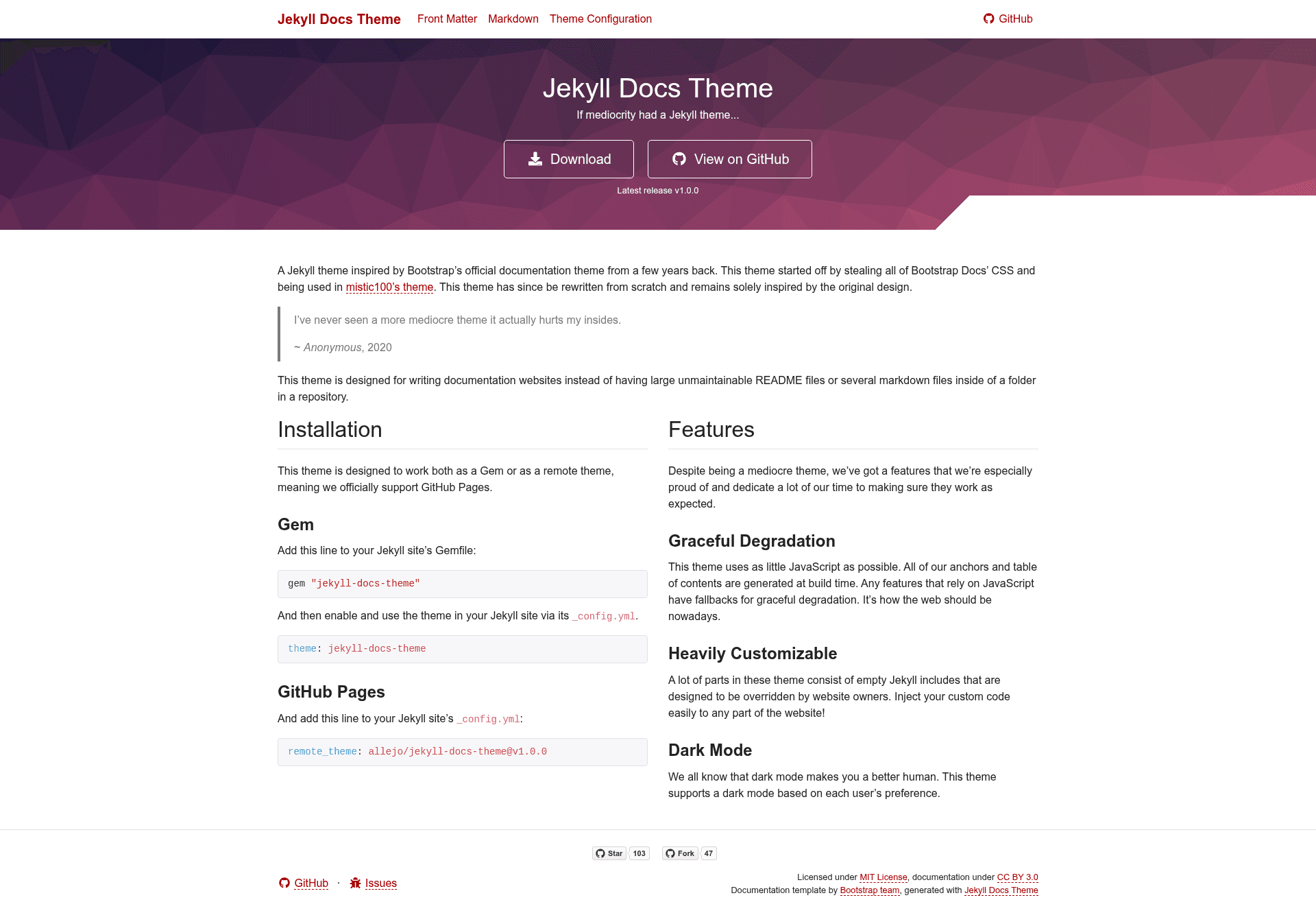 screenshot of Jekyll Docs Theme on template0.com