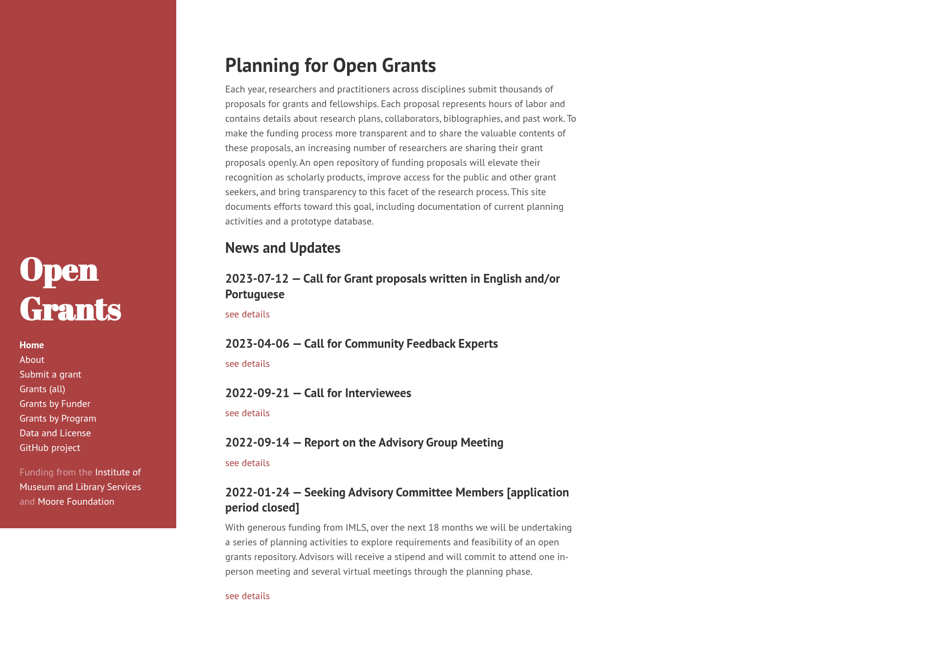 screenshot of Open Grants List on template0.com
