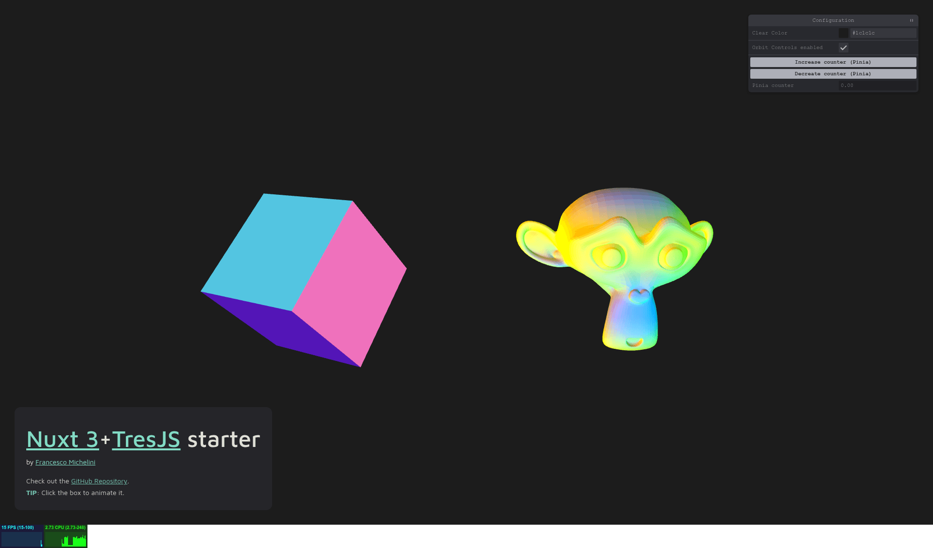 screenshot of Nuxt 3 + TresJS Starter on template0.com