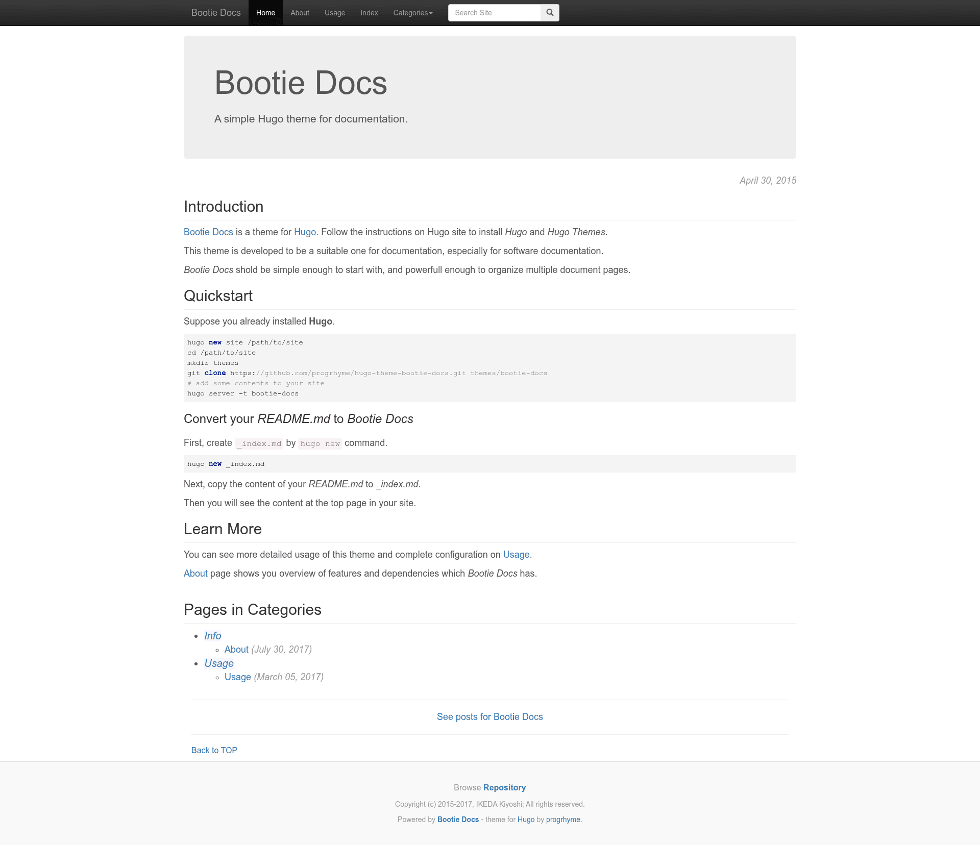 screenshot of Bootie Docs on template0.com