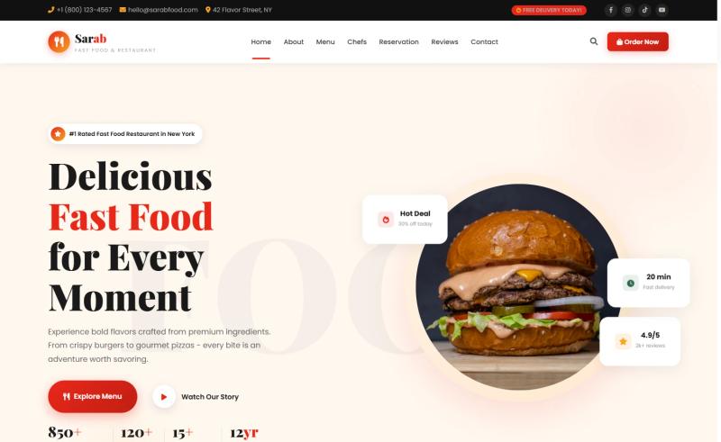Image for Sarab – Free One-Page Bootstrap 5 Restaurant Website Template on template0.com