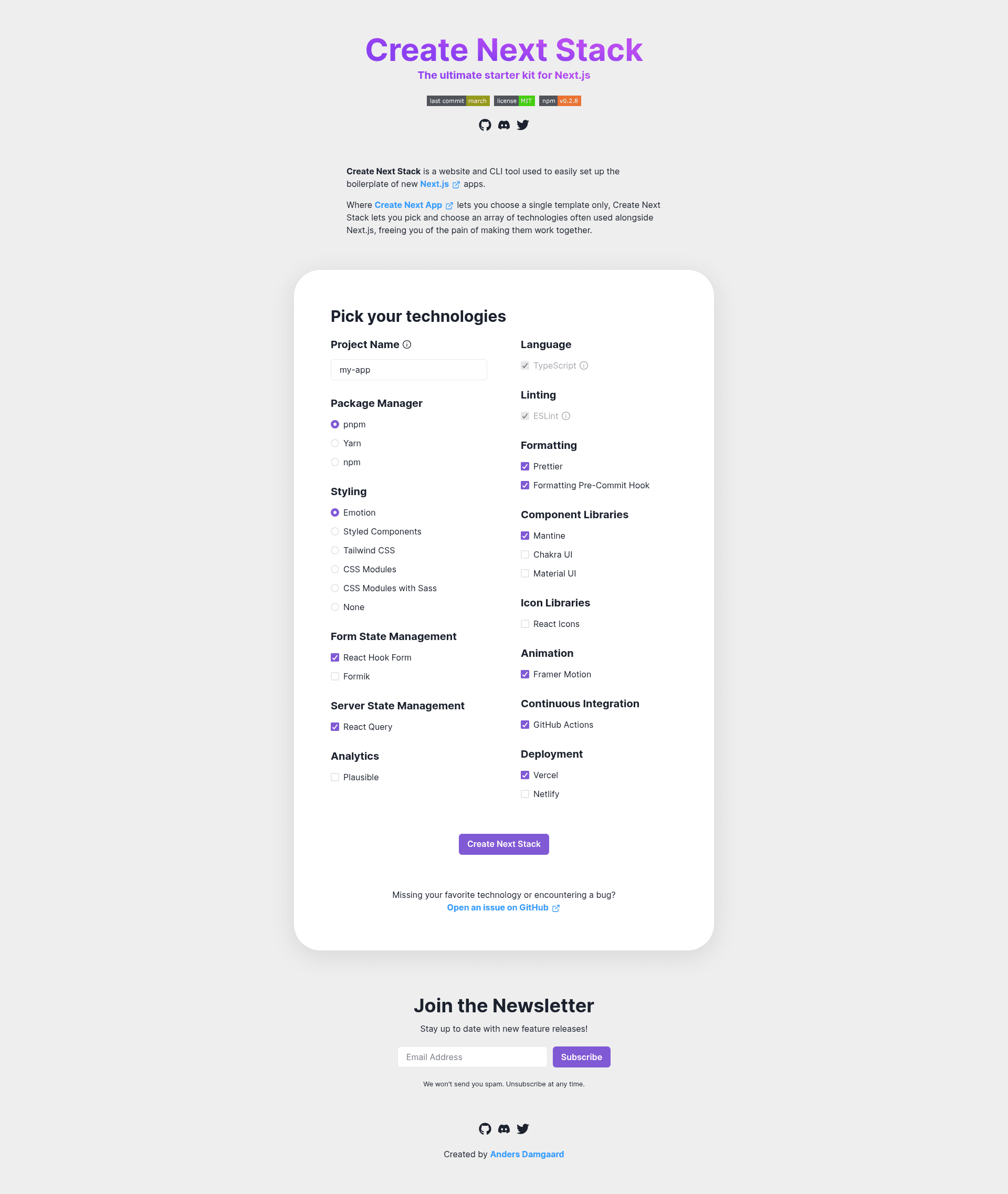 screenshot of Create Next Stack Website on template0.com