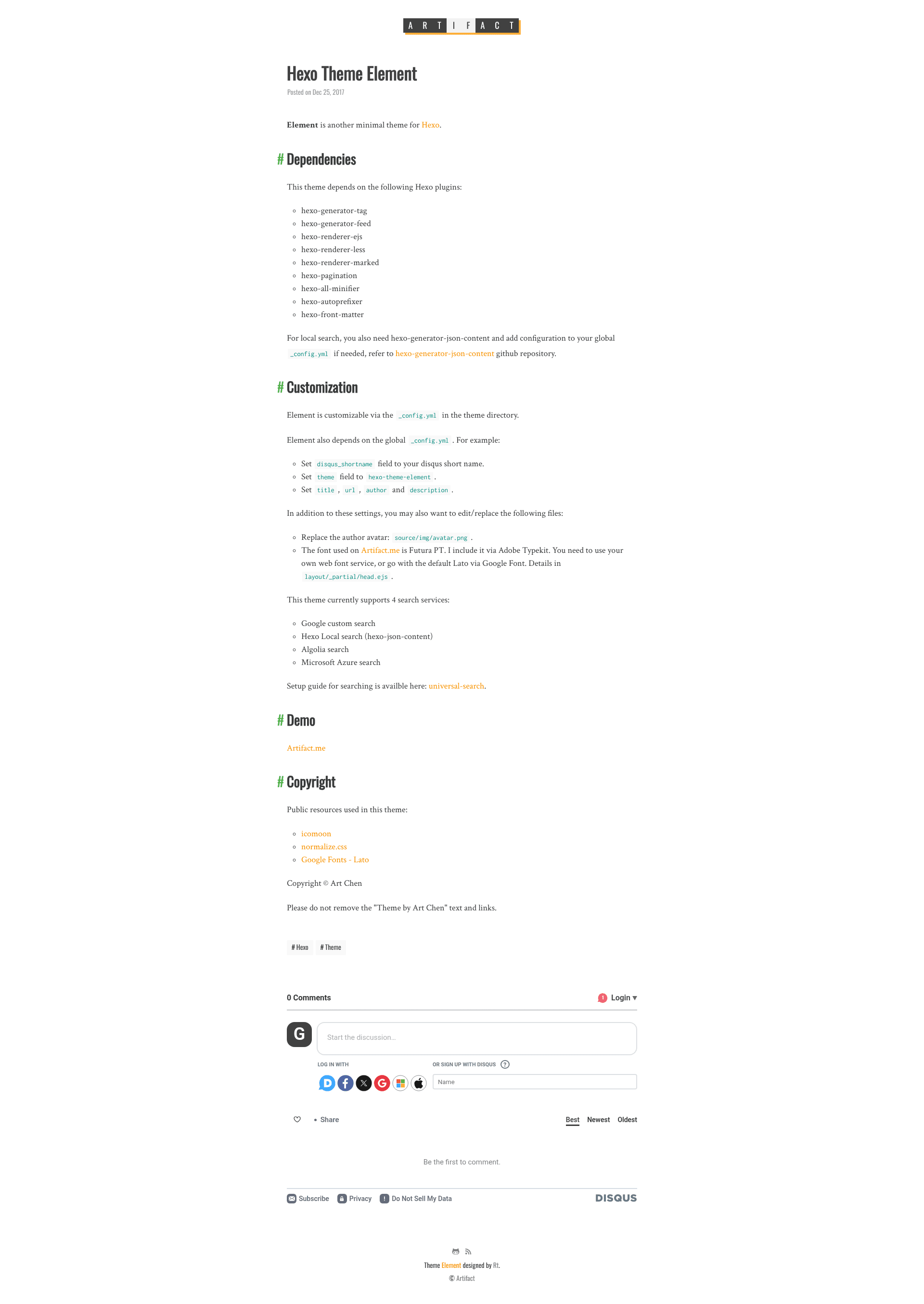 screenshot of Hexo Theme Element on template0.com