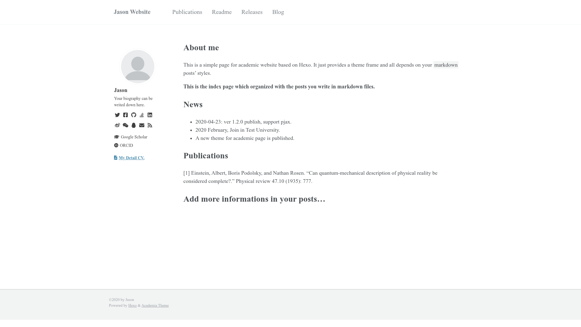 screenshot of Hexo Theme Academia on template0.com