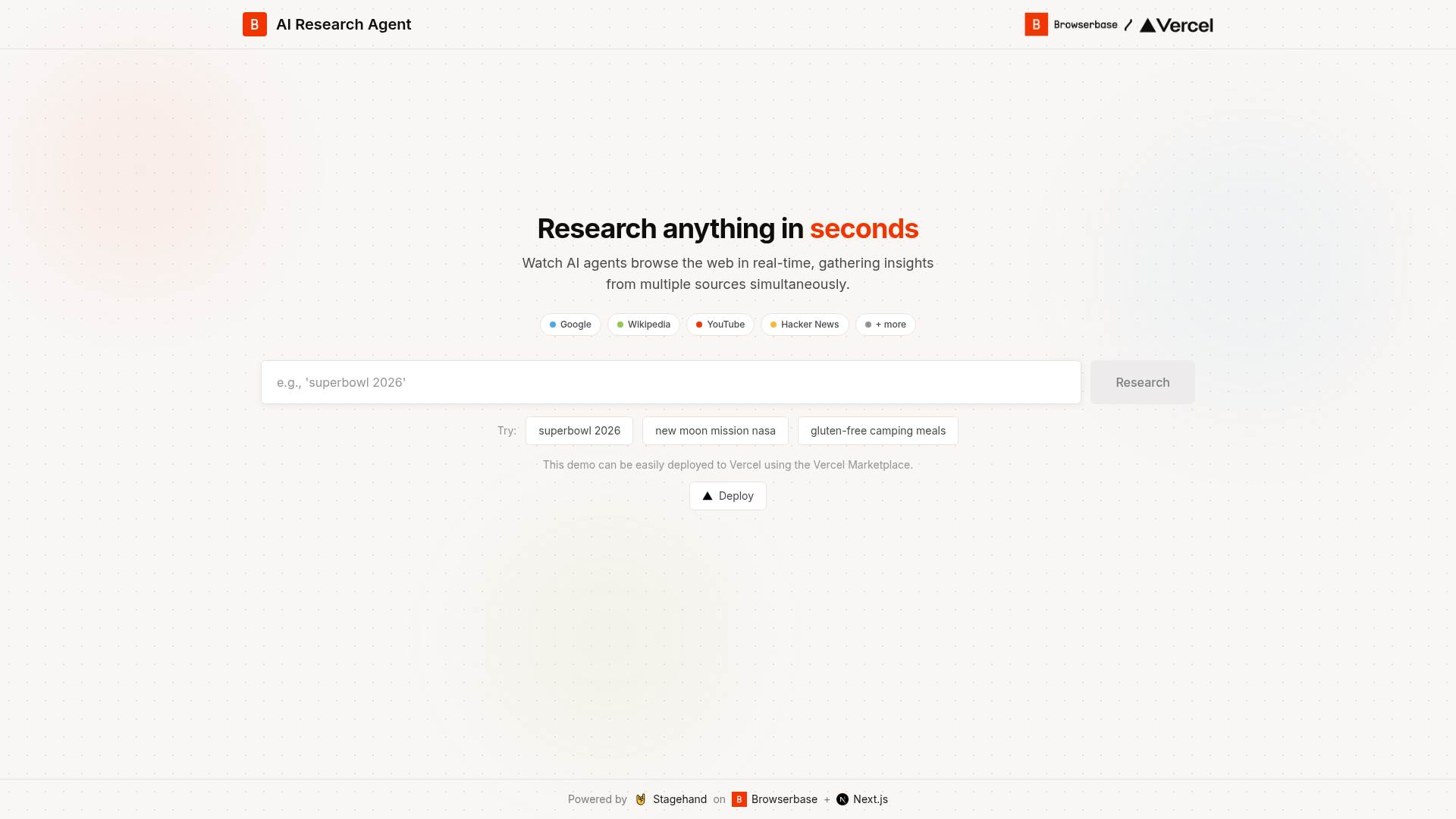 screenshot of Stagehand Research Agent on template0.com