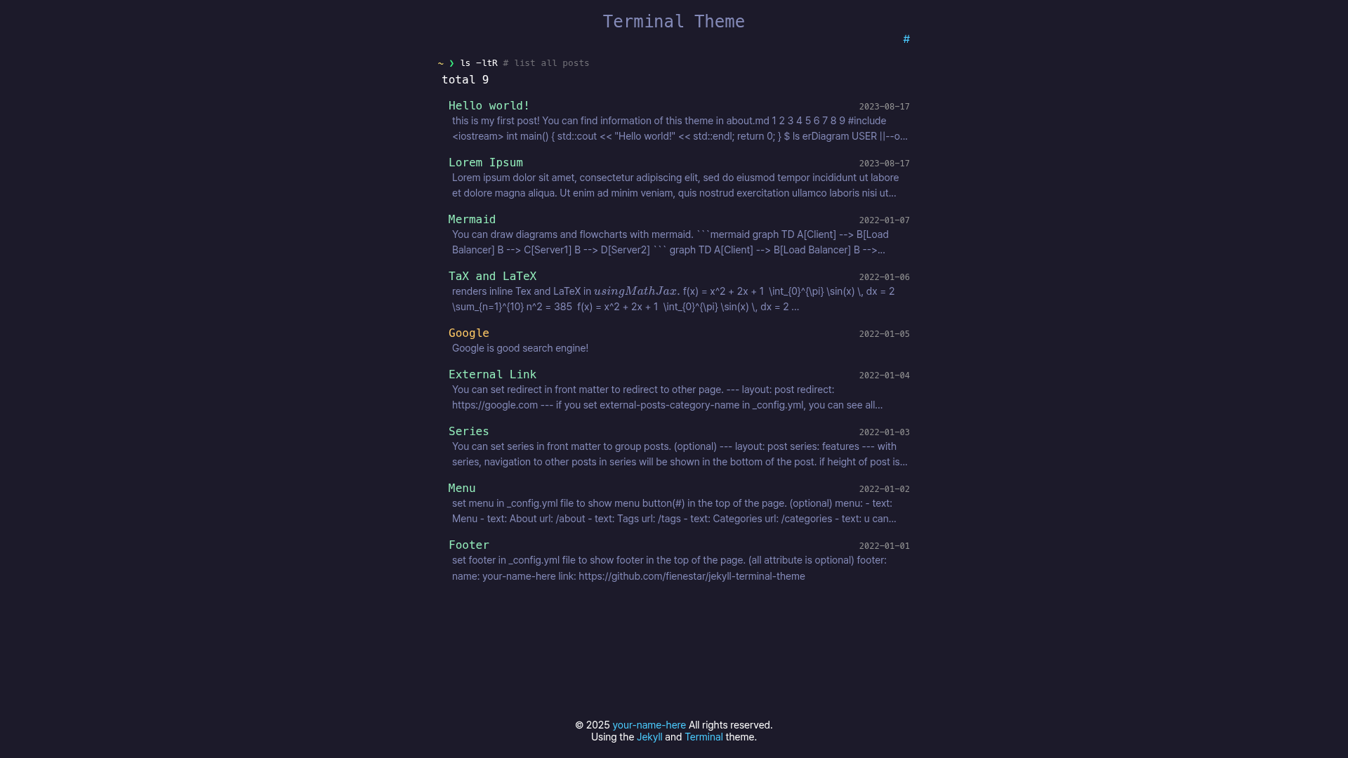 screenshot of Jekyll Terminal Theme on template0.com