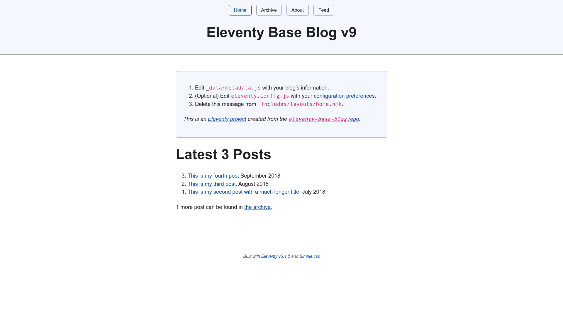 screenshot of Eleventy Simple on template0.com