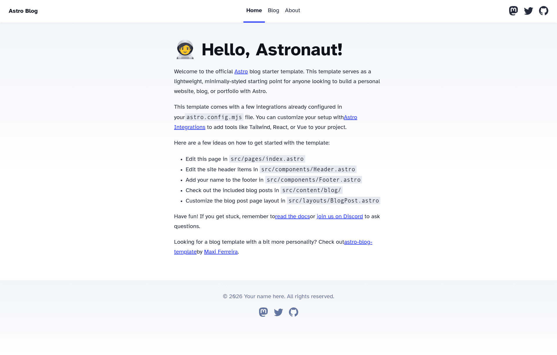 screenshot of Astro Starter Kit: Blog on template0.com