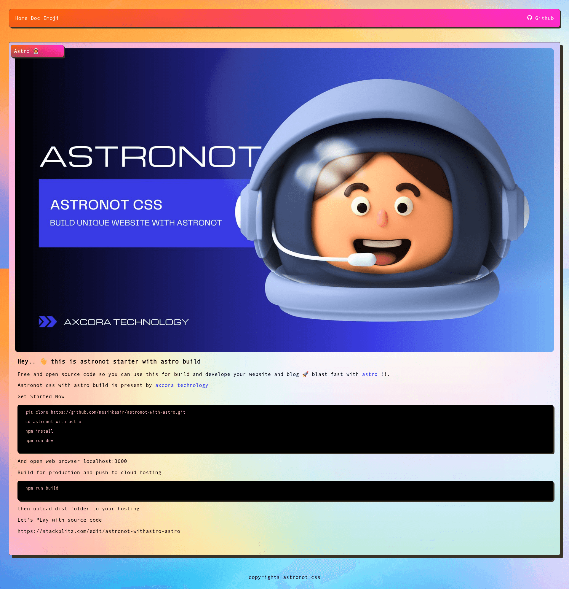 screenshot of Astronot With Astro on template0.com