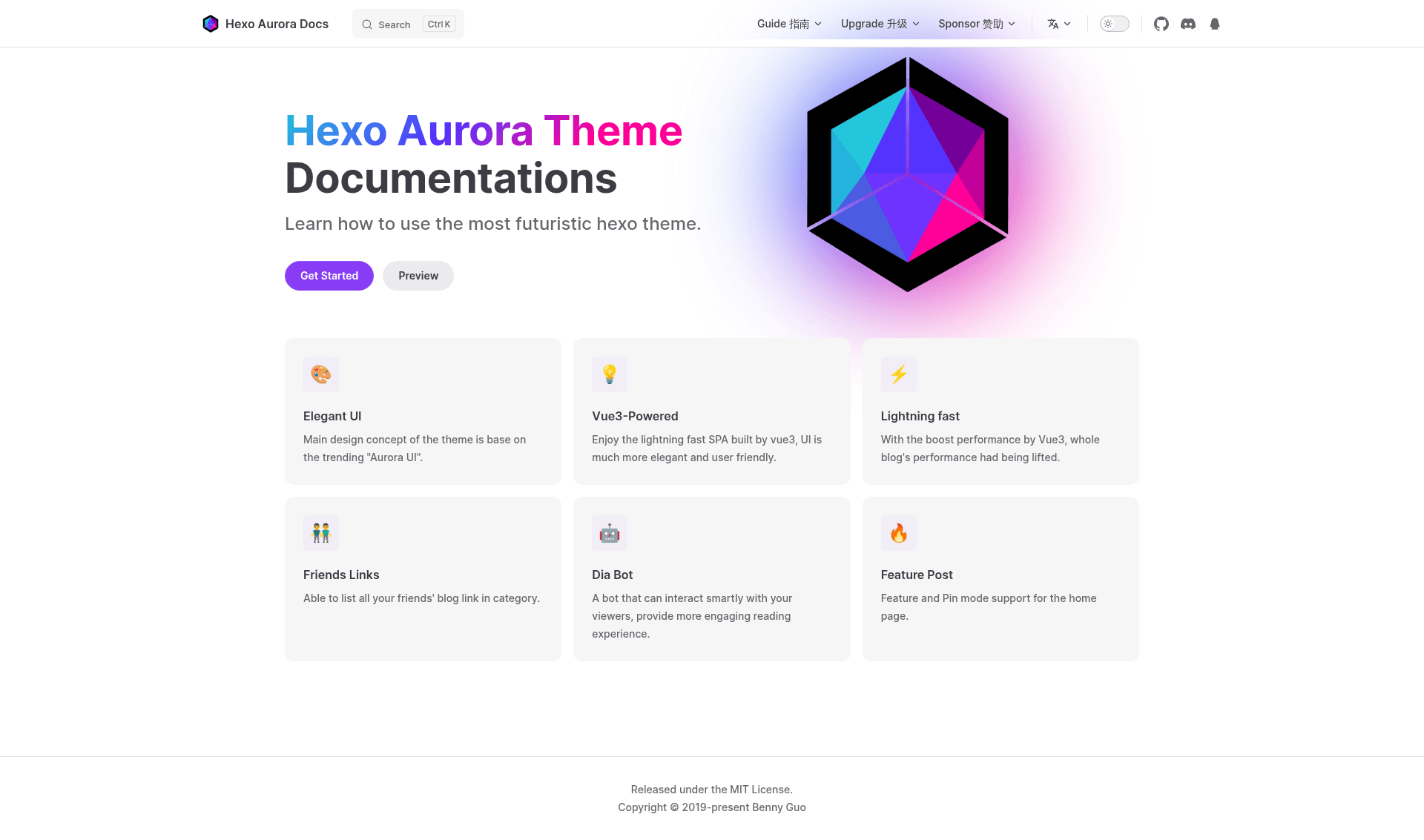 screenshot of Hexo Theme Aurora Docs on template0.com