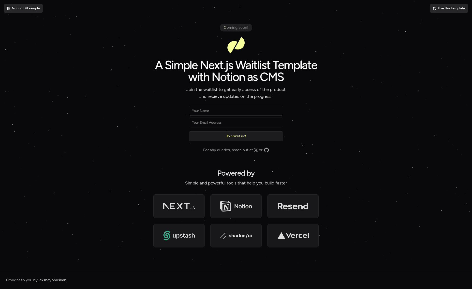 screenshot of Next.js + Notion Waitlist Template on template0.com
