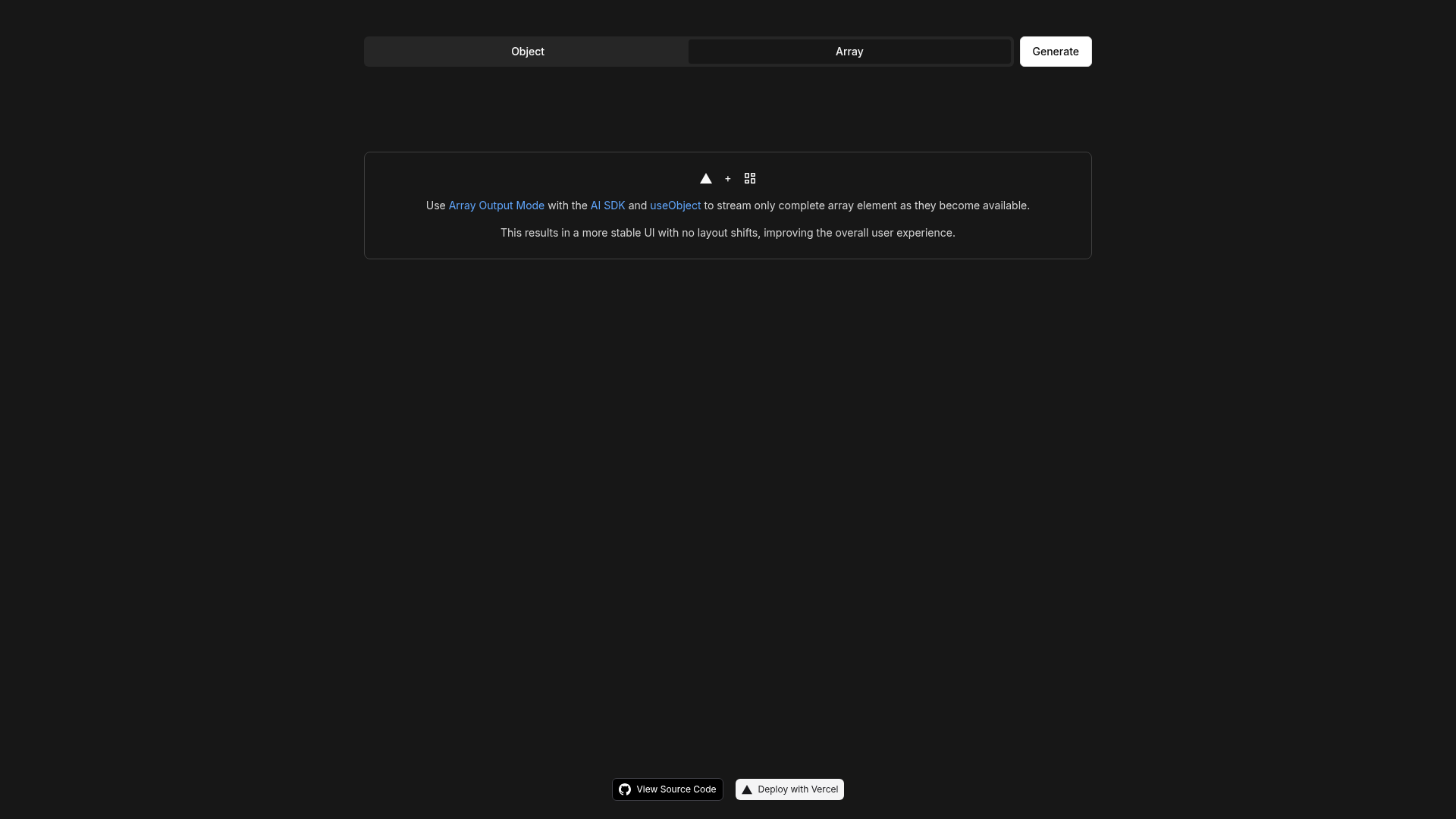screenshot of Structured Object Generation Array Mode on template0.com