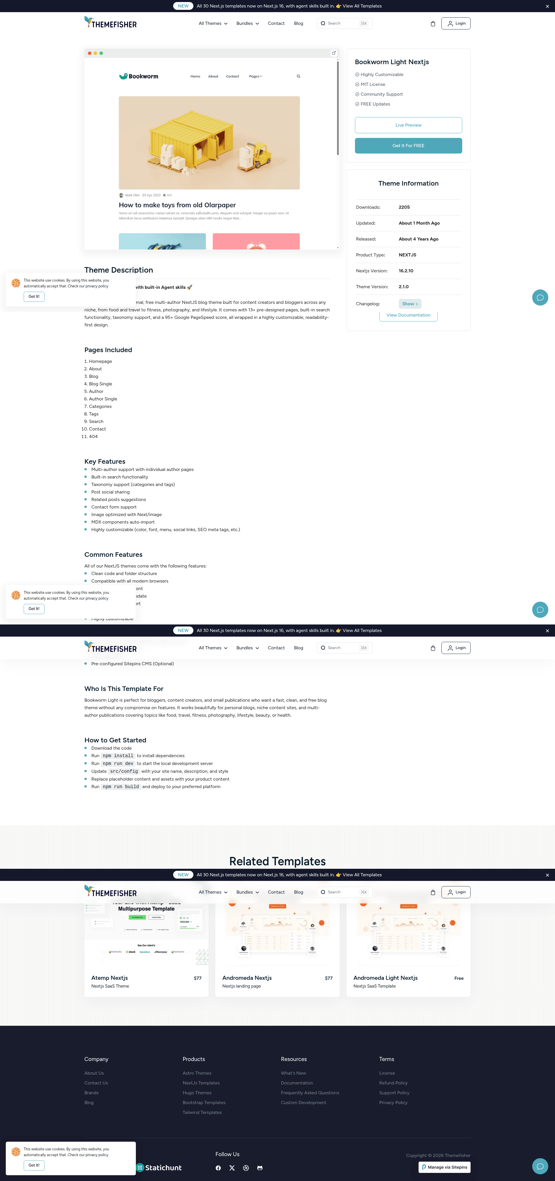 screenshot of Bookworm Light NextJs on template0.com