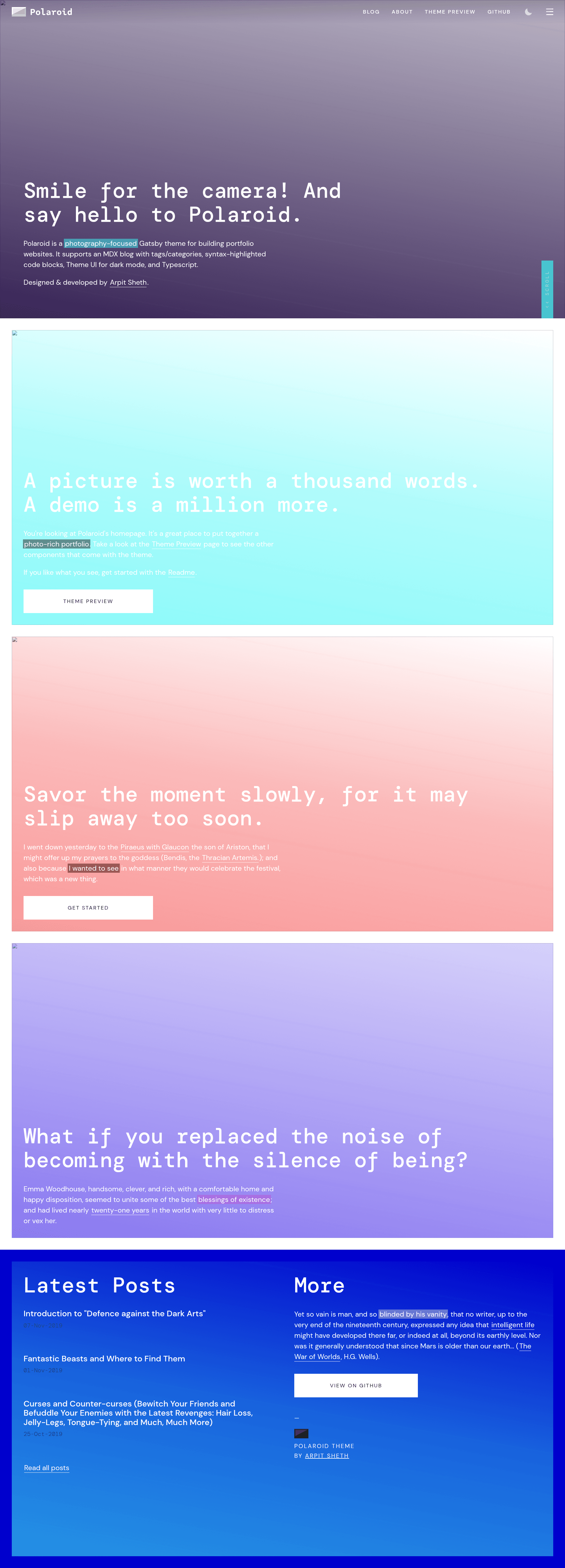screenshot of Gatsby Theme Polaroid on template0.com