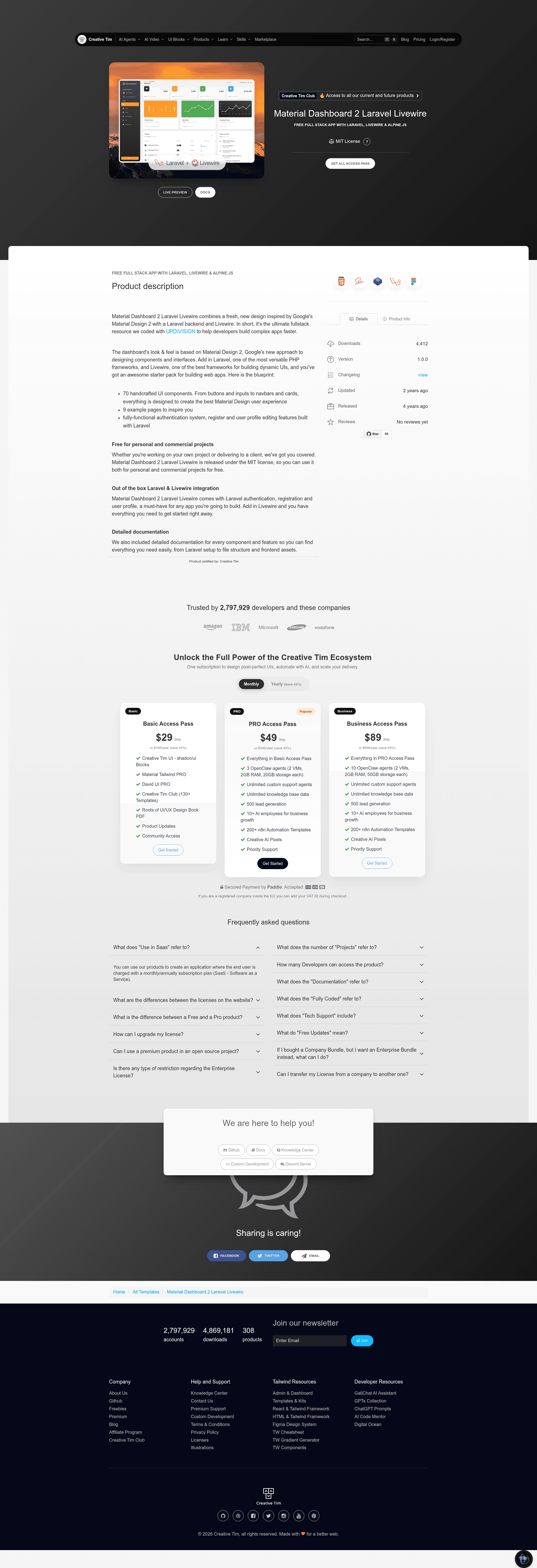 screenshot of Material Dashboard 2 Laravel Livewire on template0.com