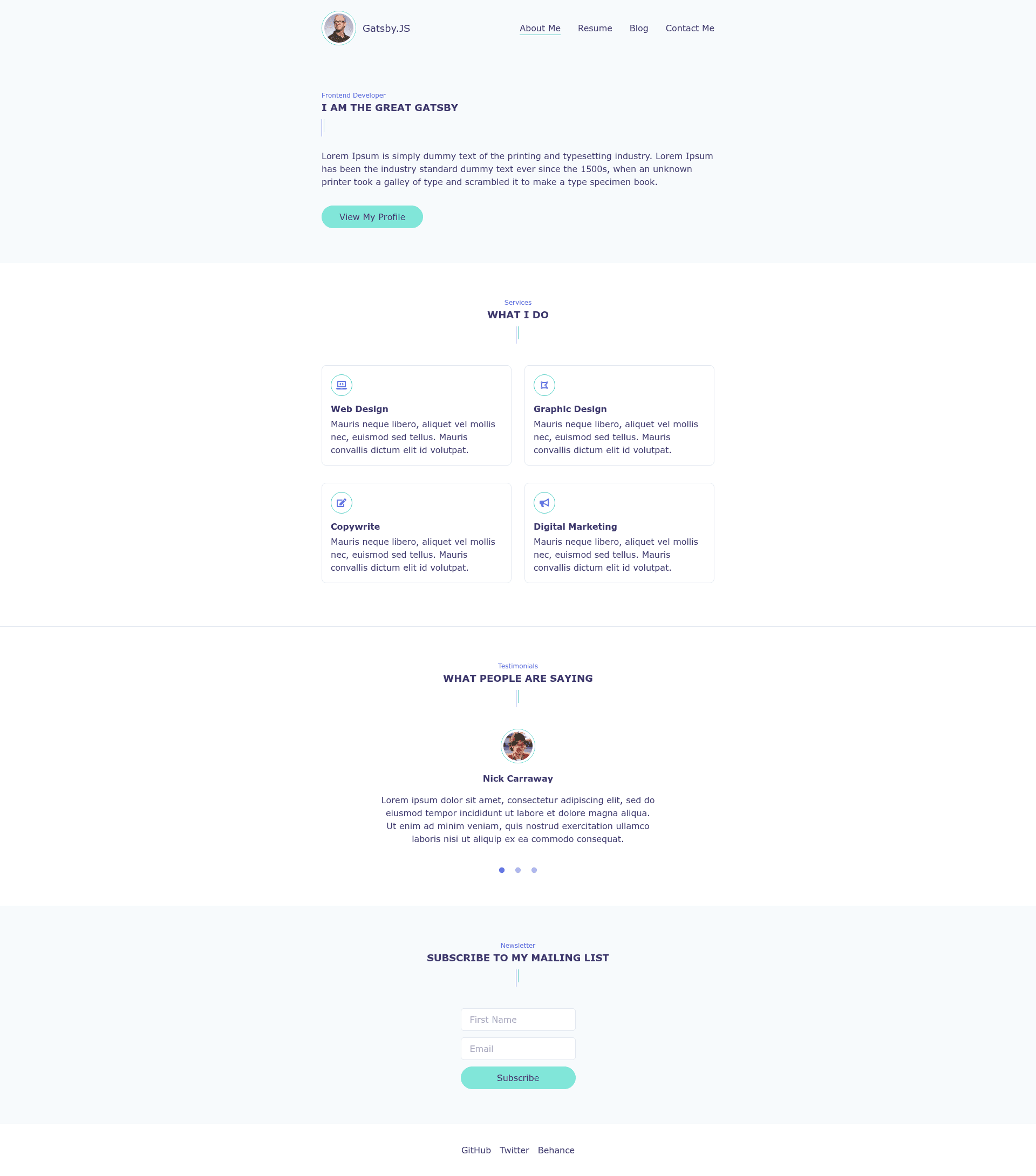 screenshot of Gatsby Markdown Typescript Personal Website on template0.com