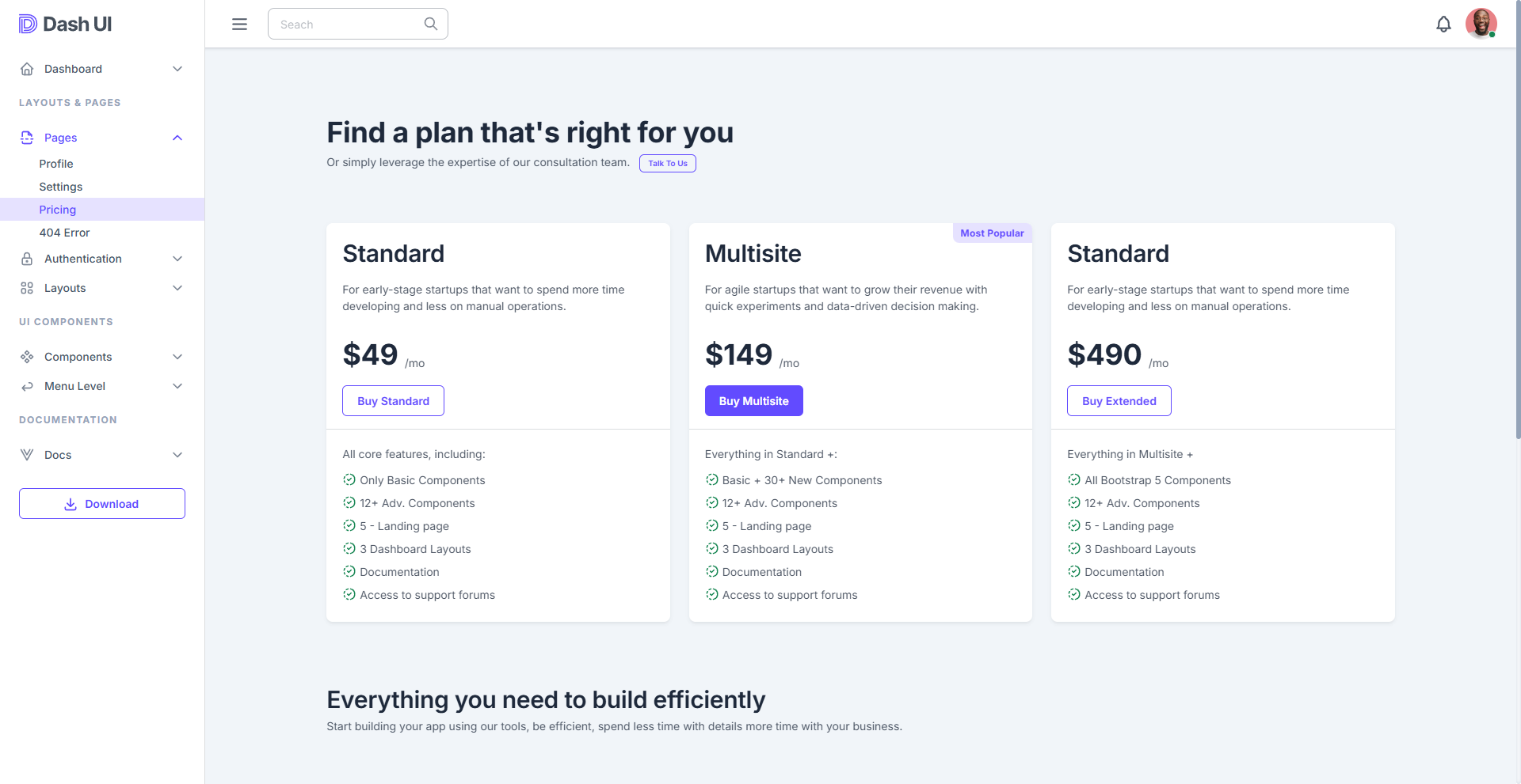 Image for Dash UI - Nuxt(dashboard nuxt template) on template0.com