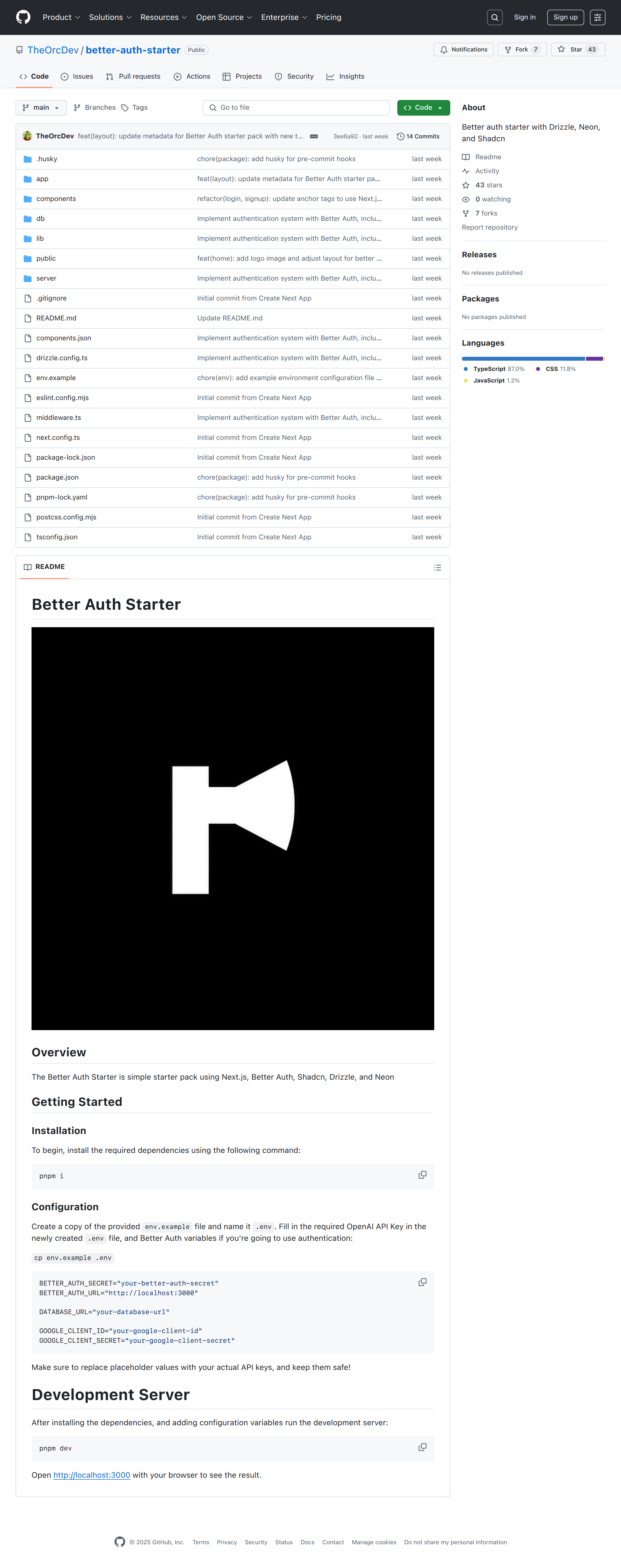 screenshot of Better Auth Starter on template0.com