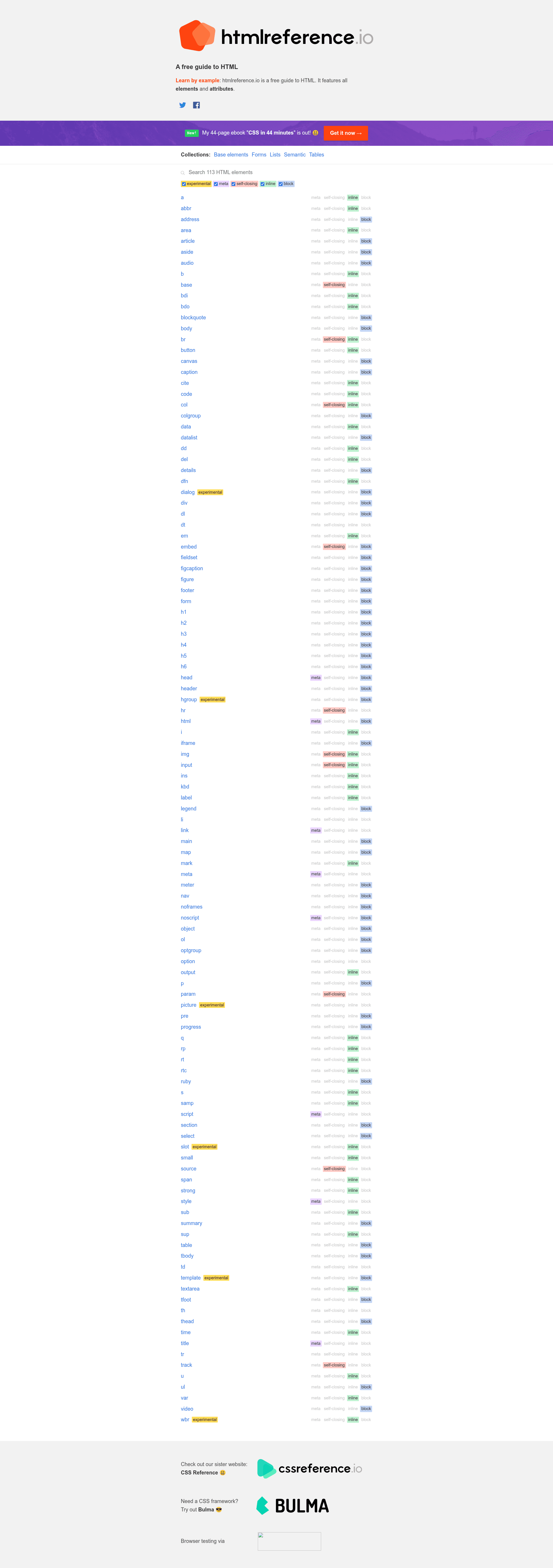screenshot of HTML Reference on template0.com