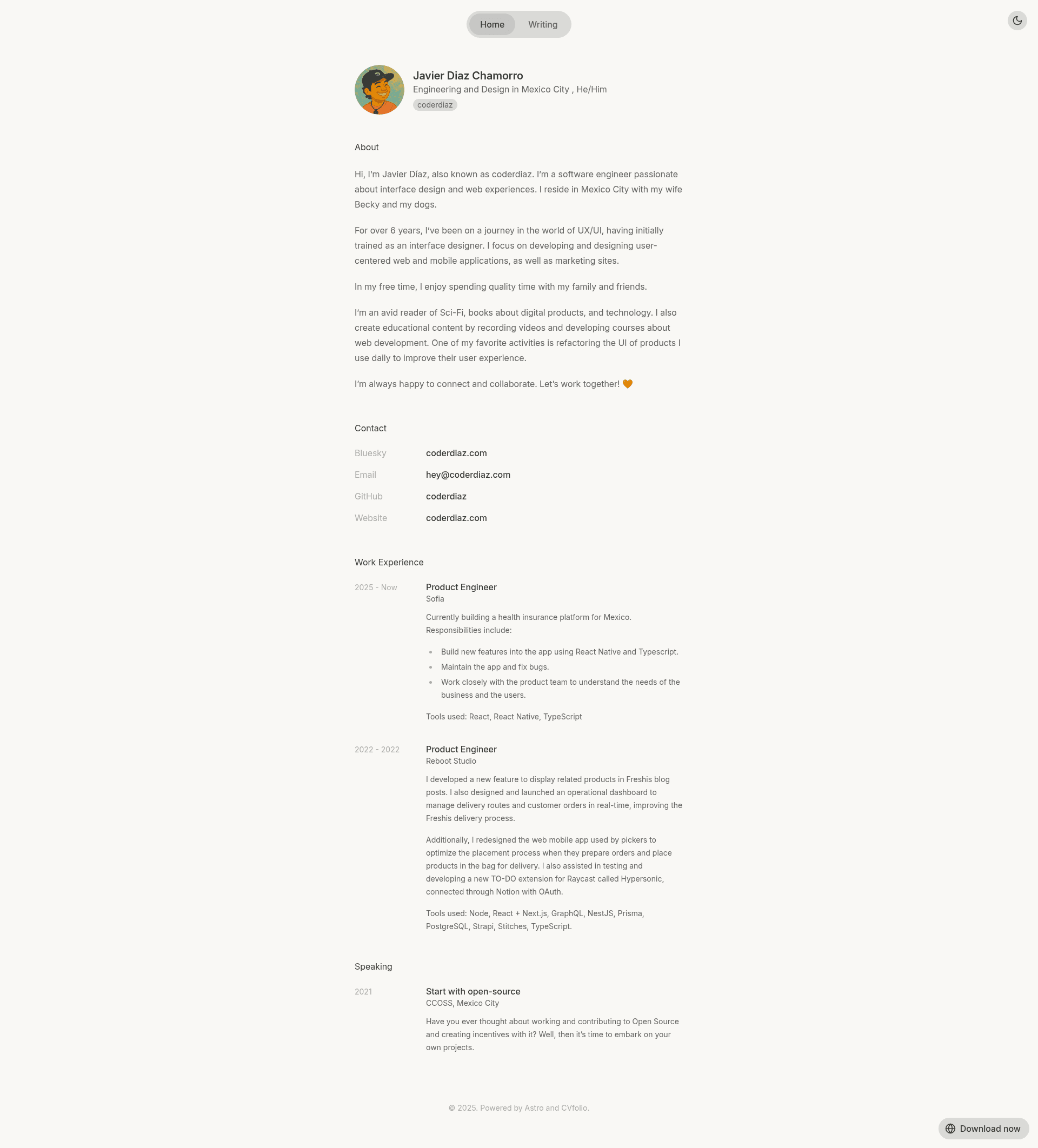 screenshot of CVfolio on template0.com