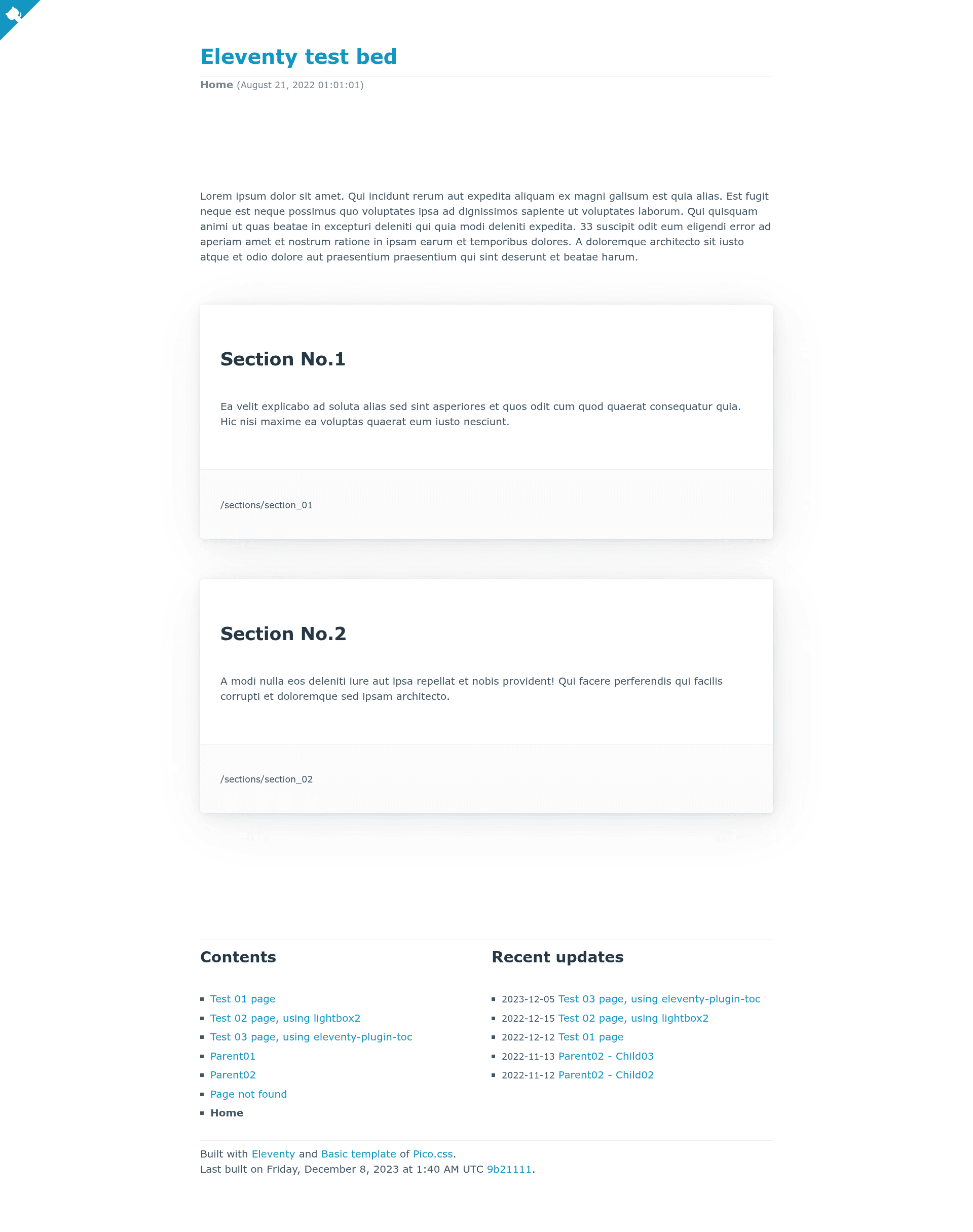 screenshot of Eleventy Test Bed on template0.com