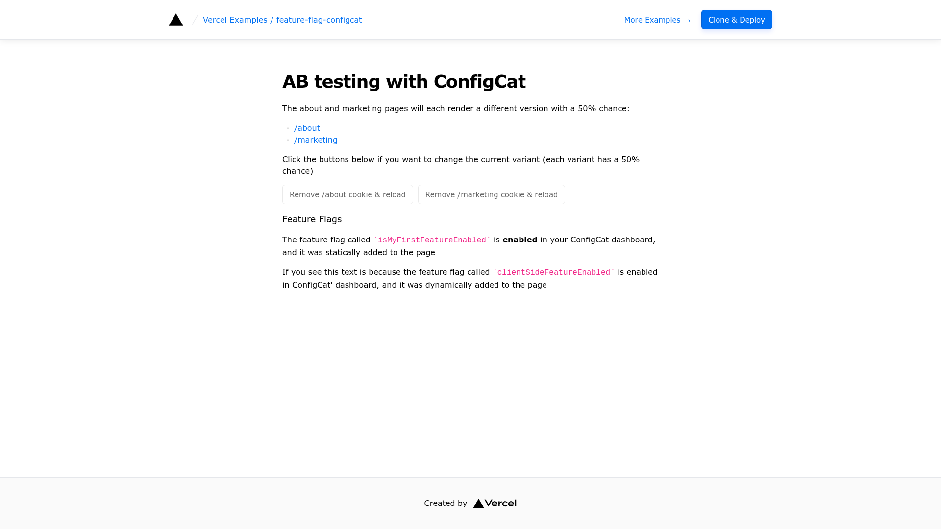 screenshot of A/B Testing with ConfigCat on template0.com