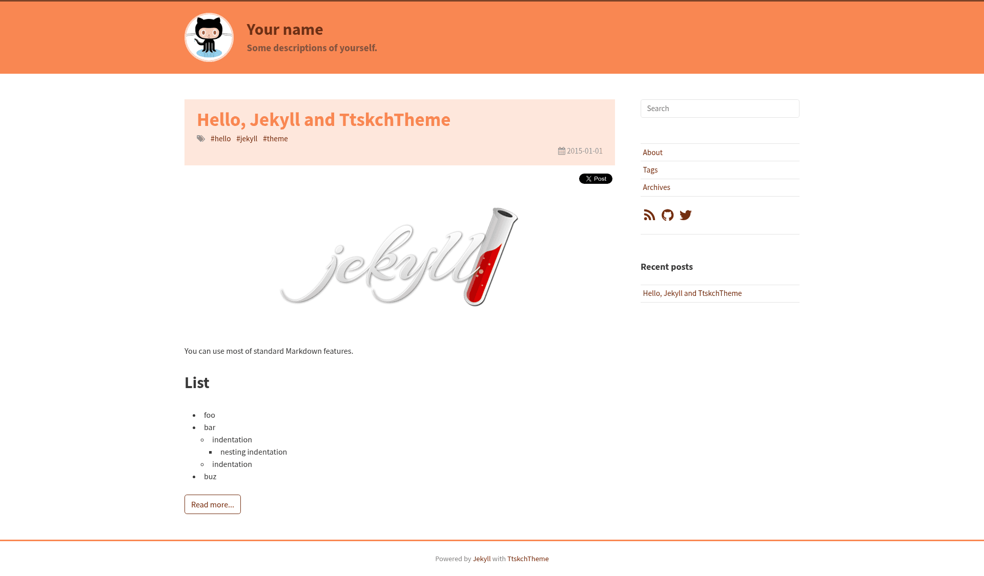 screenshot of jekyll-ttskch-theme on template0.com