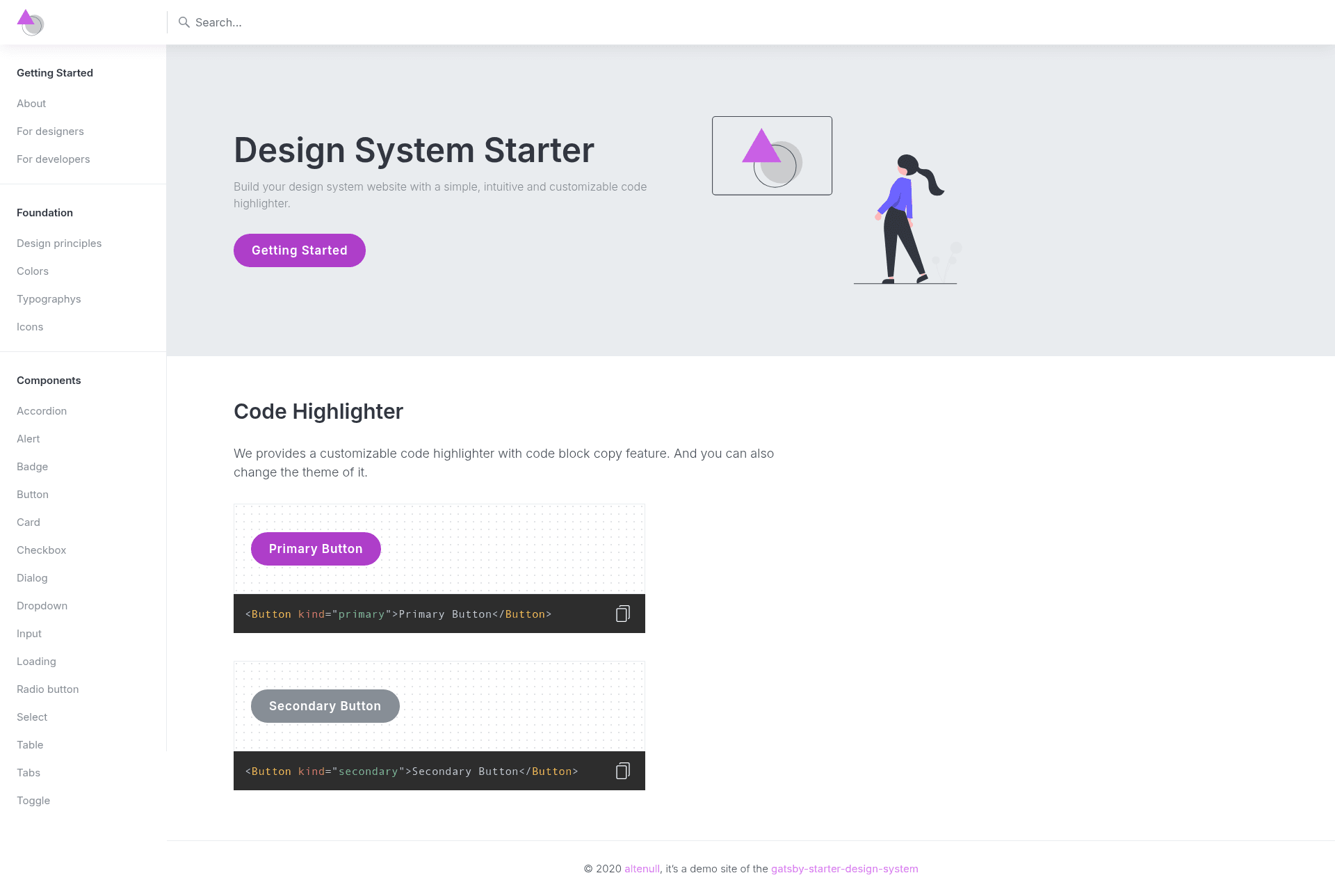 screenshot of Gatsby Starter Design System on template0.com