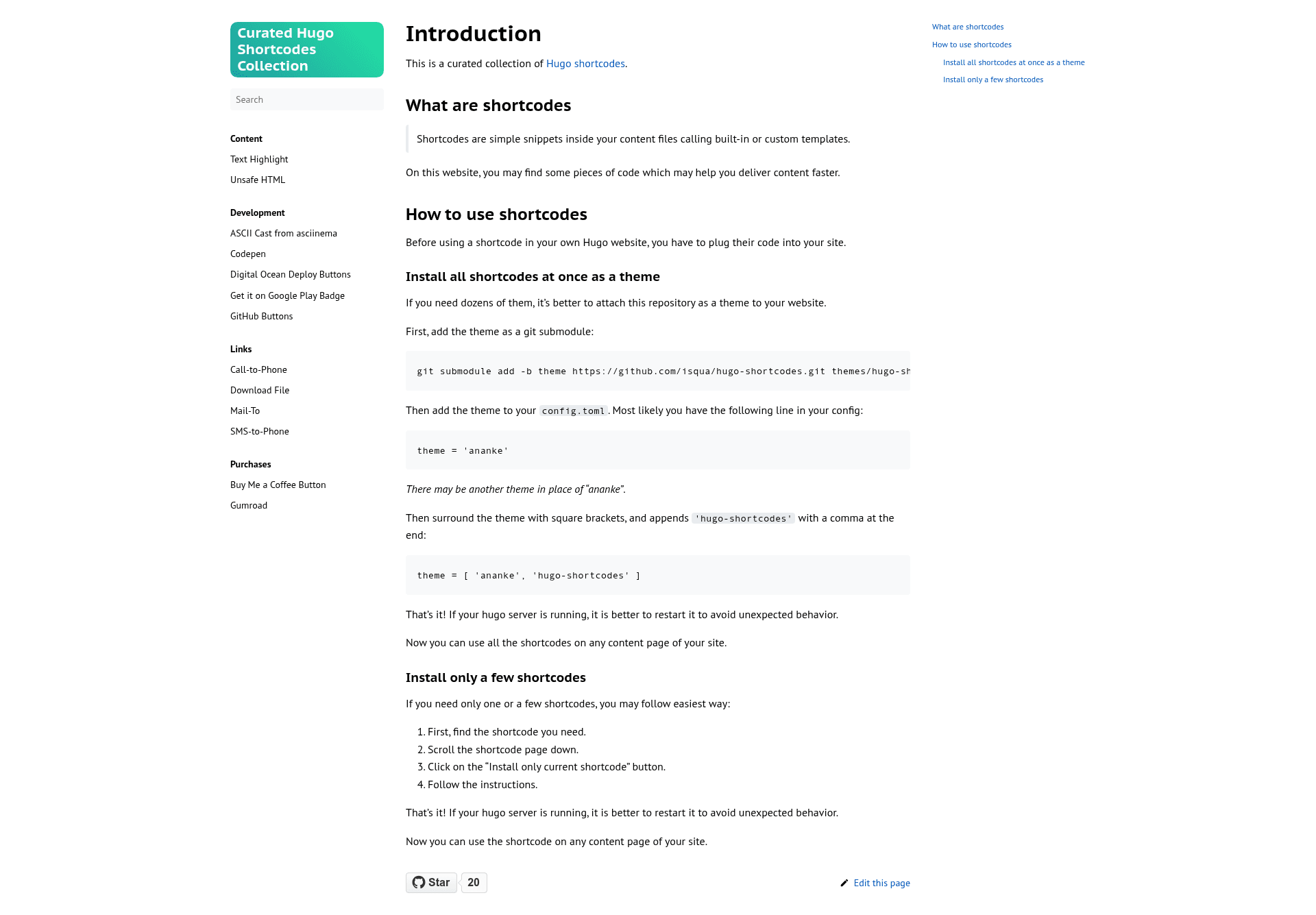 screenshot of Hugo Shortcodes on template0.com