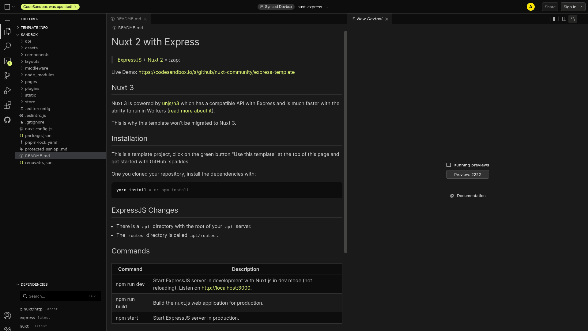 screenshot of Nuxt 2 with Express on template0.com