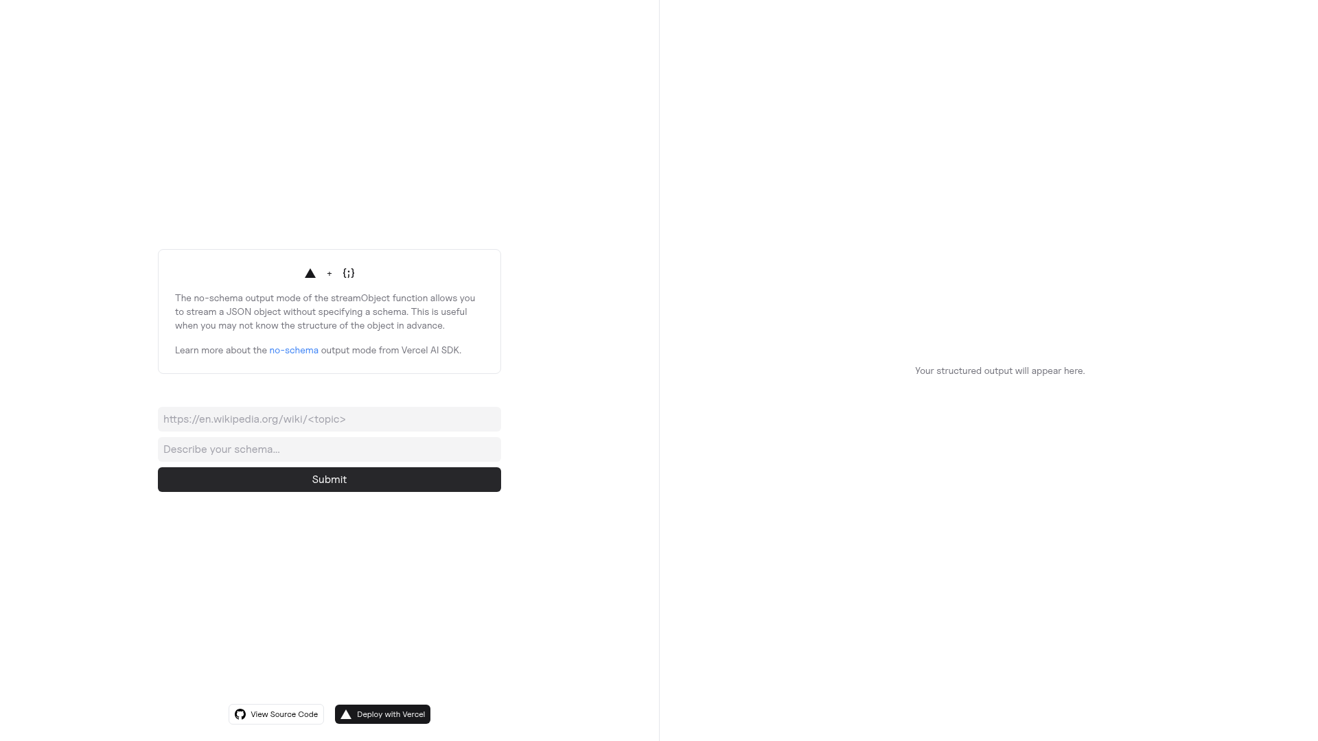 screenshot of No Schema Output Mode with Vercel AI SDK on template0.com