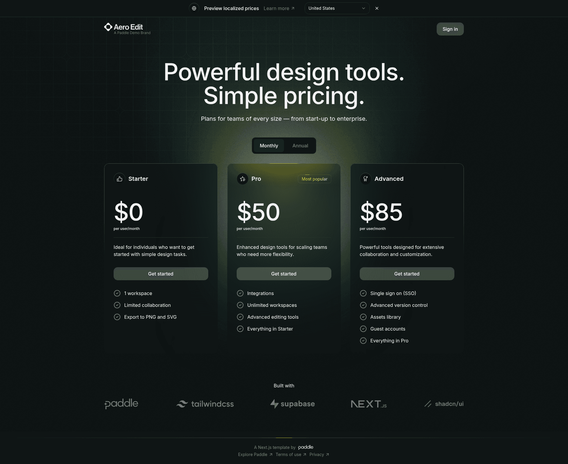 screenshot of Paddle Billing Next.js Starter Kit on template0.com