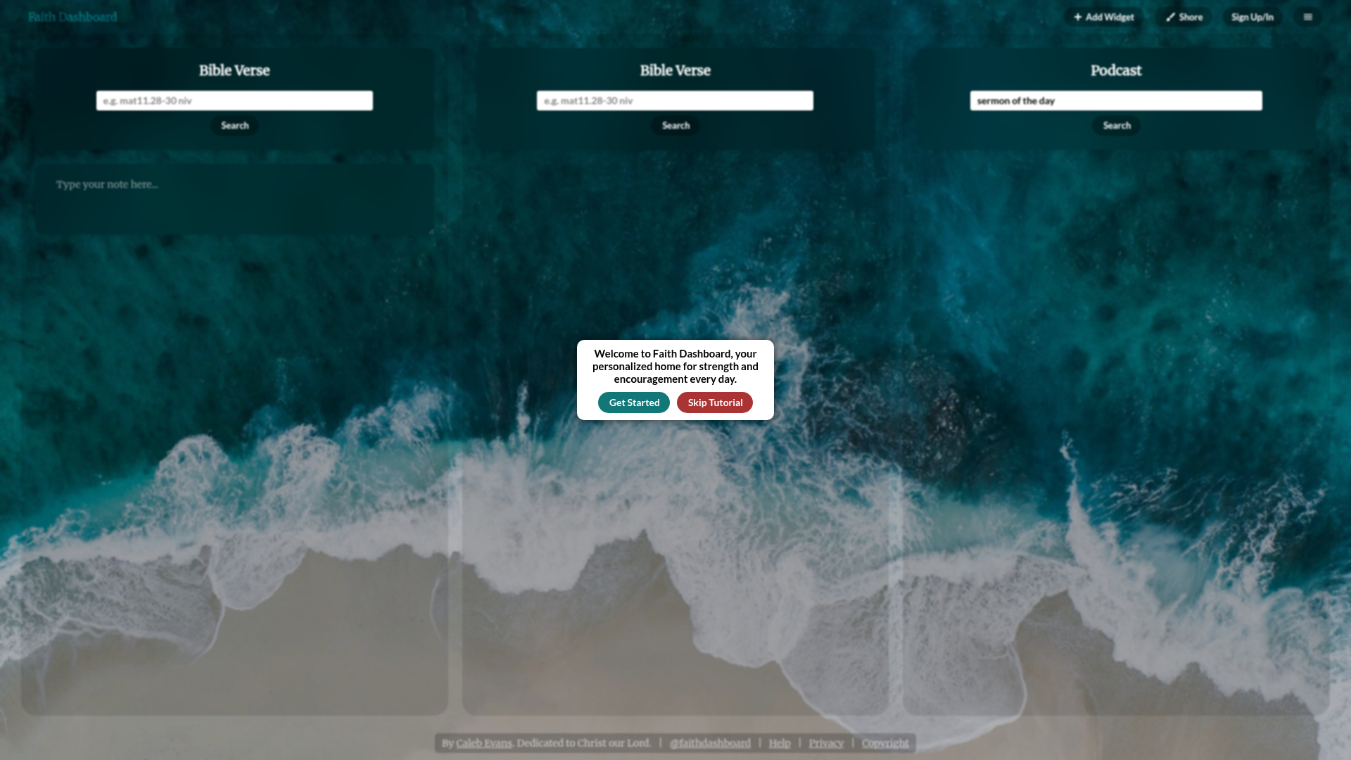 screenshot of Faith Dashboard on template0.com