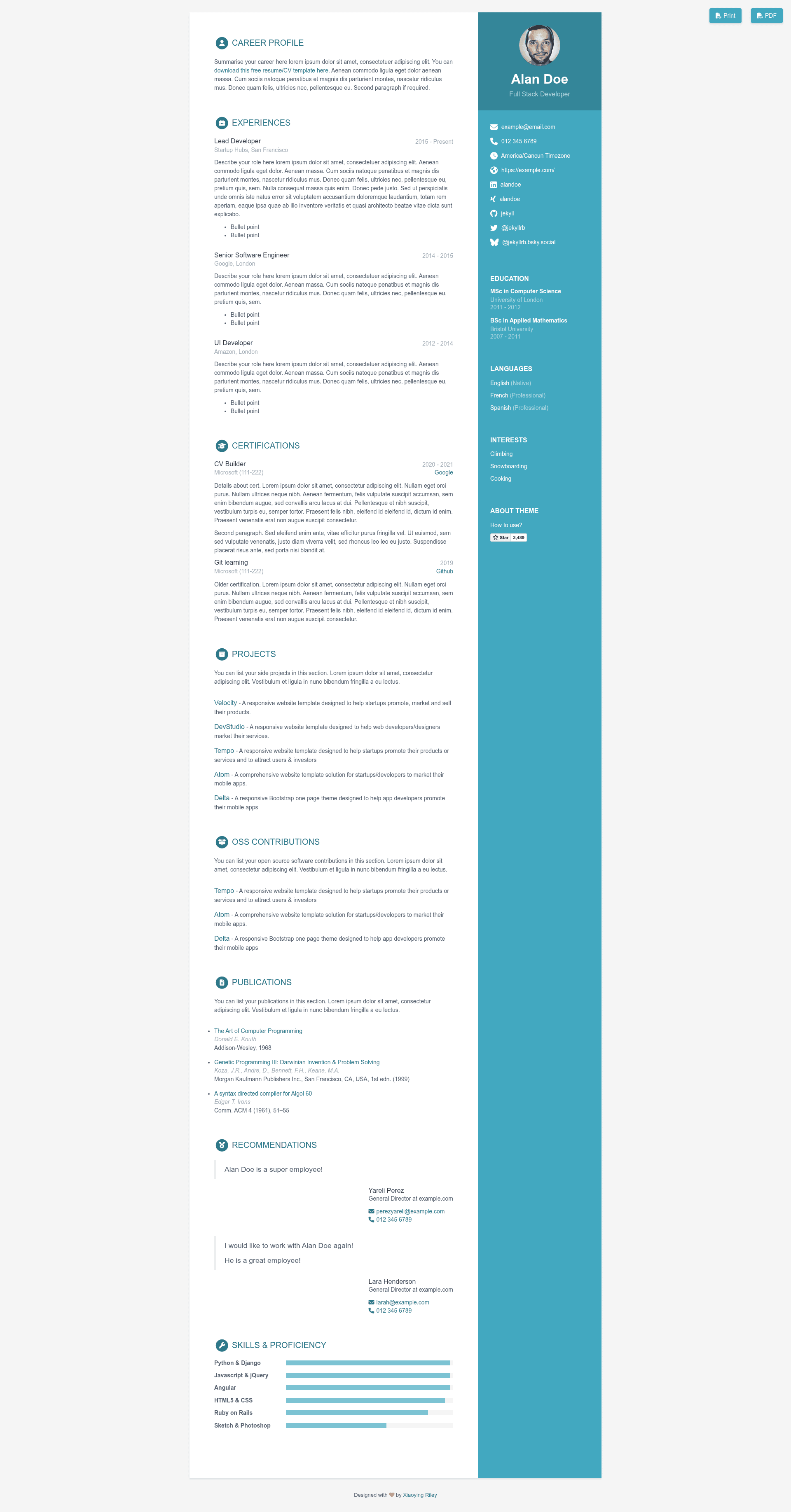 screenshot of Online CV (Orbit) on template0.com
