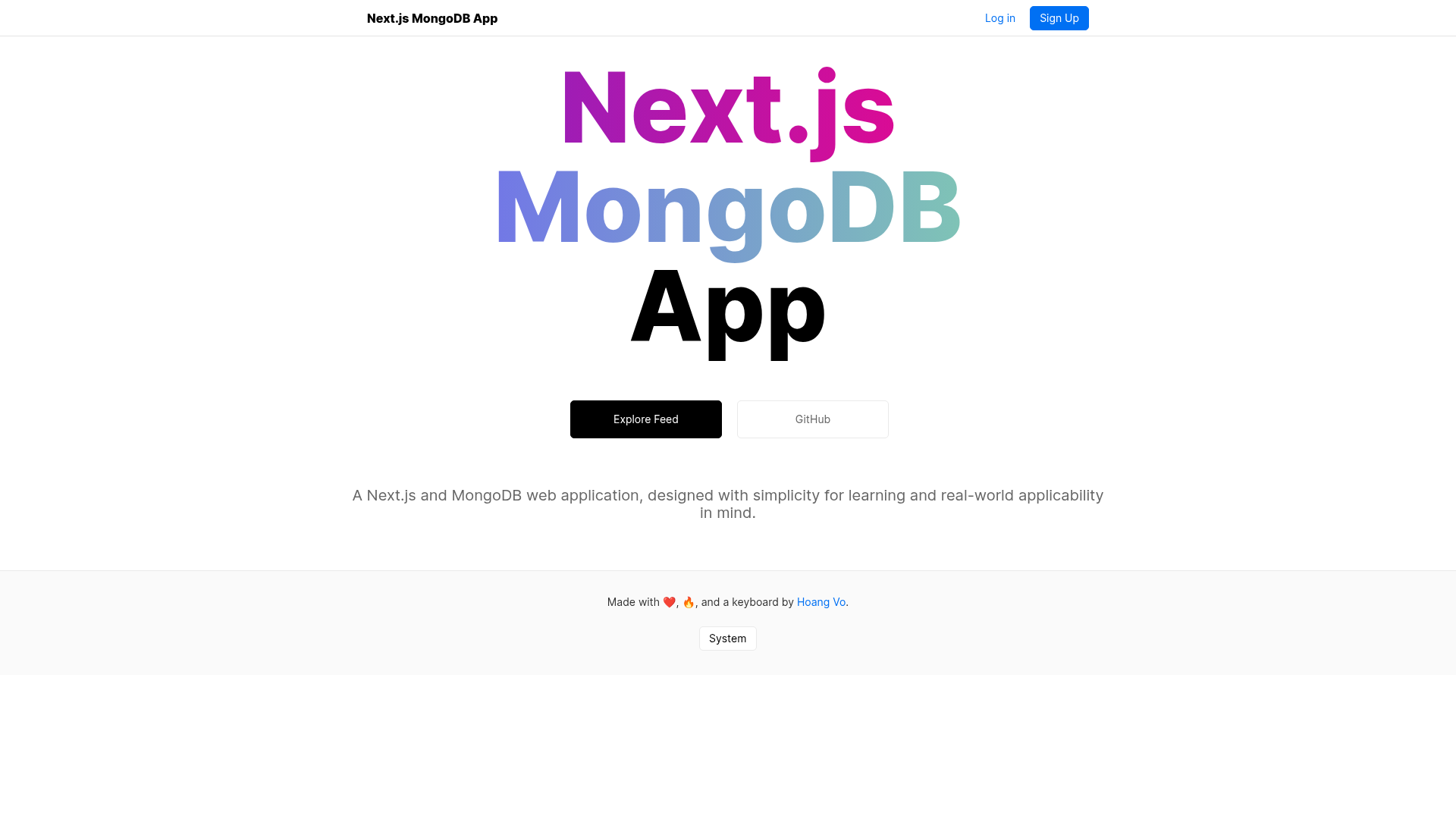 screenshot of Next.js MongoDB App on template0.com
