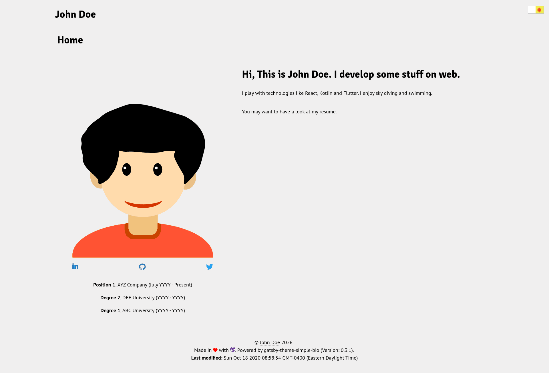 screenshot of Gatsby Theme Simple Bio on template0.com