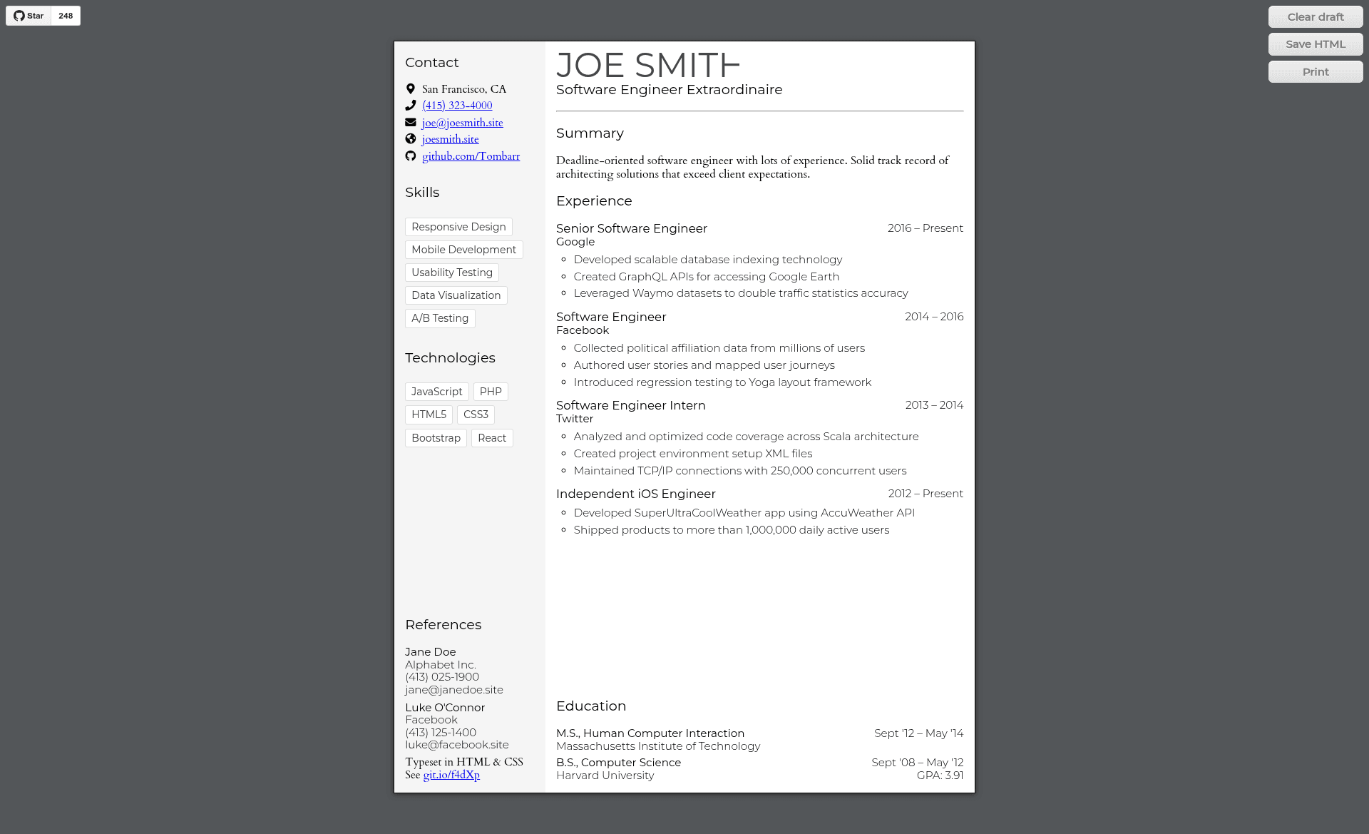 screenshot of HTML Resume Template on template0.com