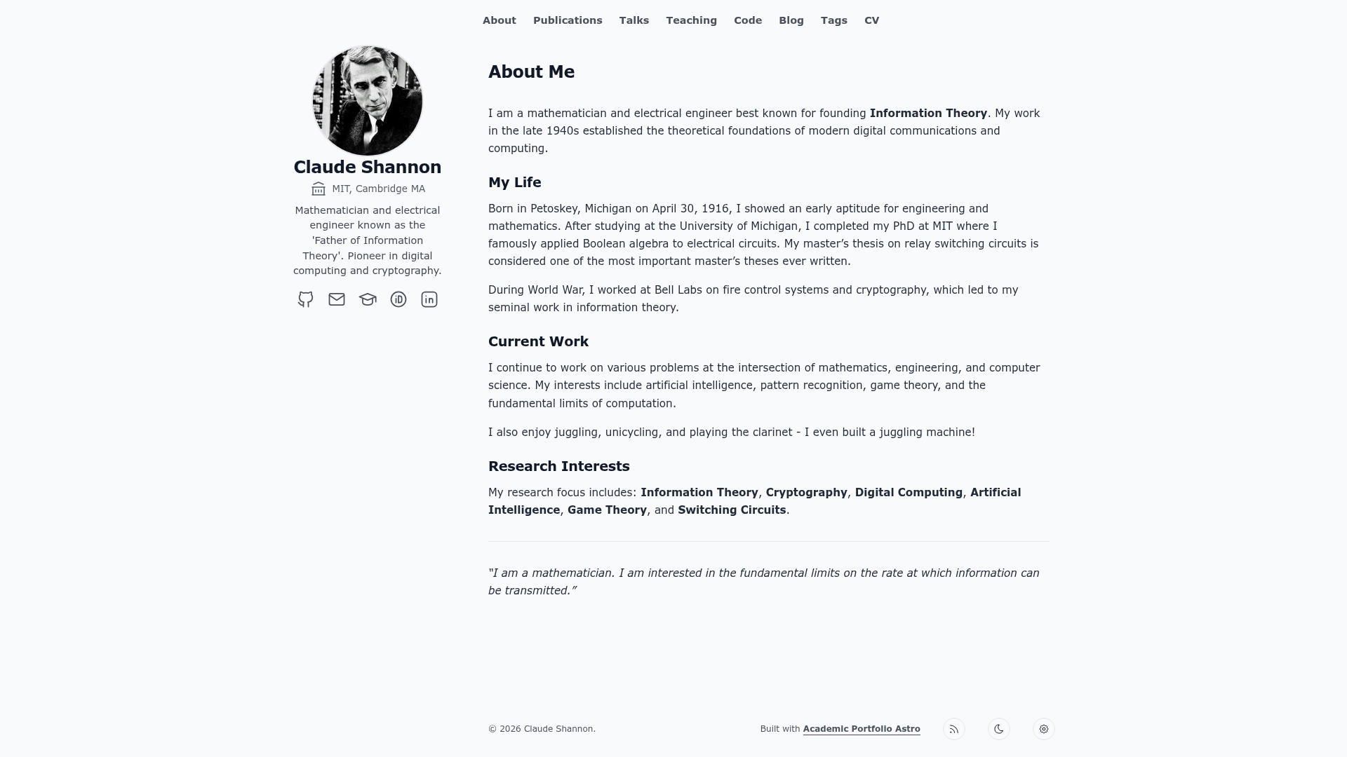 screenshot of Academic Portfolio Astro on template0.com