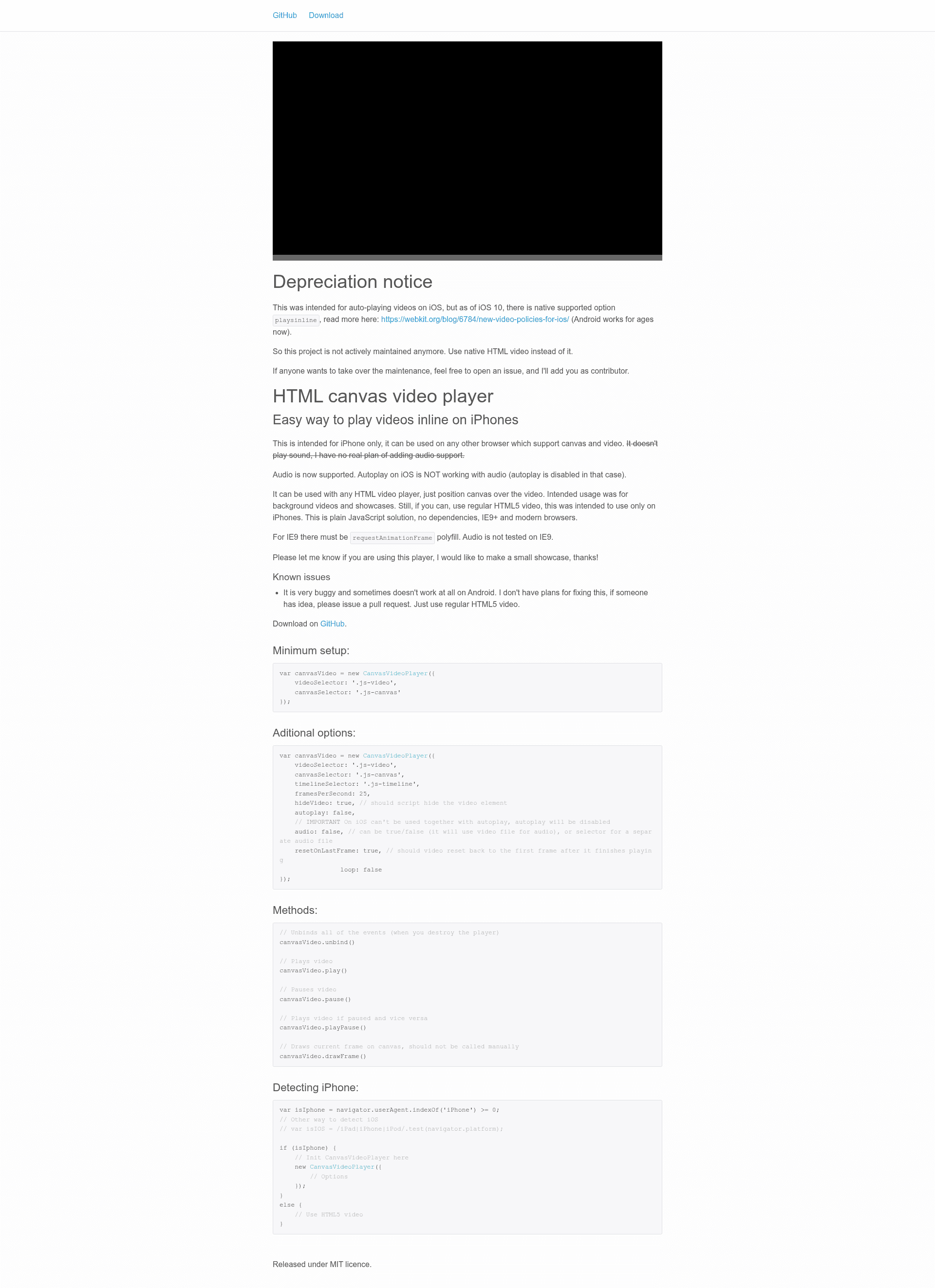 screenshot of HTML Canvas Video Player on template0.com