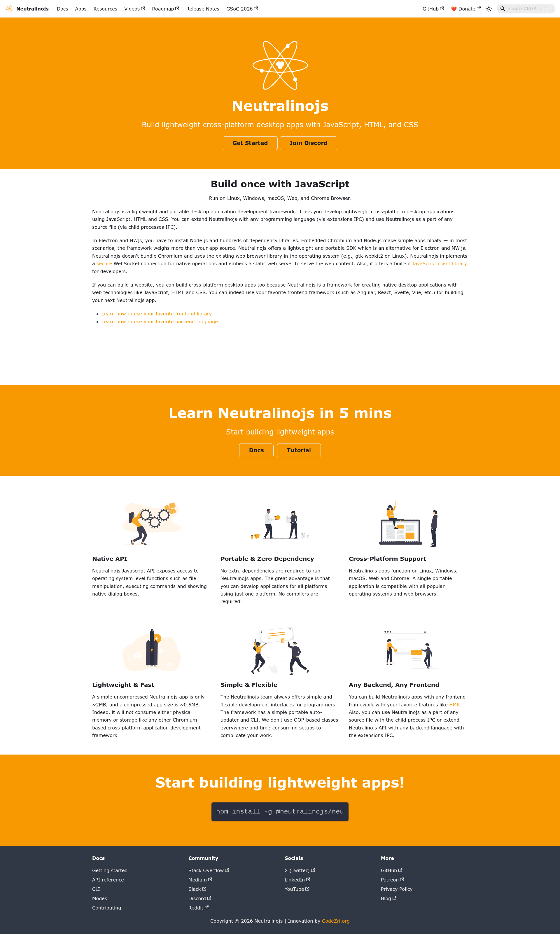 screenshot of Neutralinojs Website on template0.com