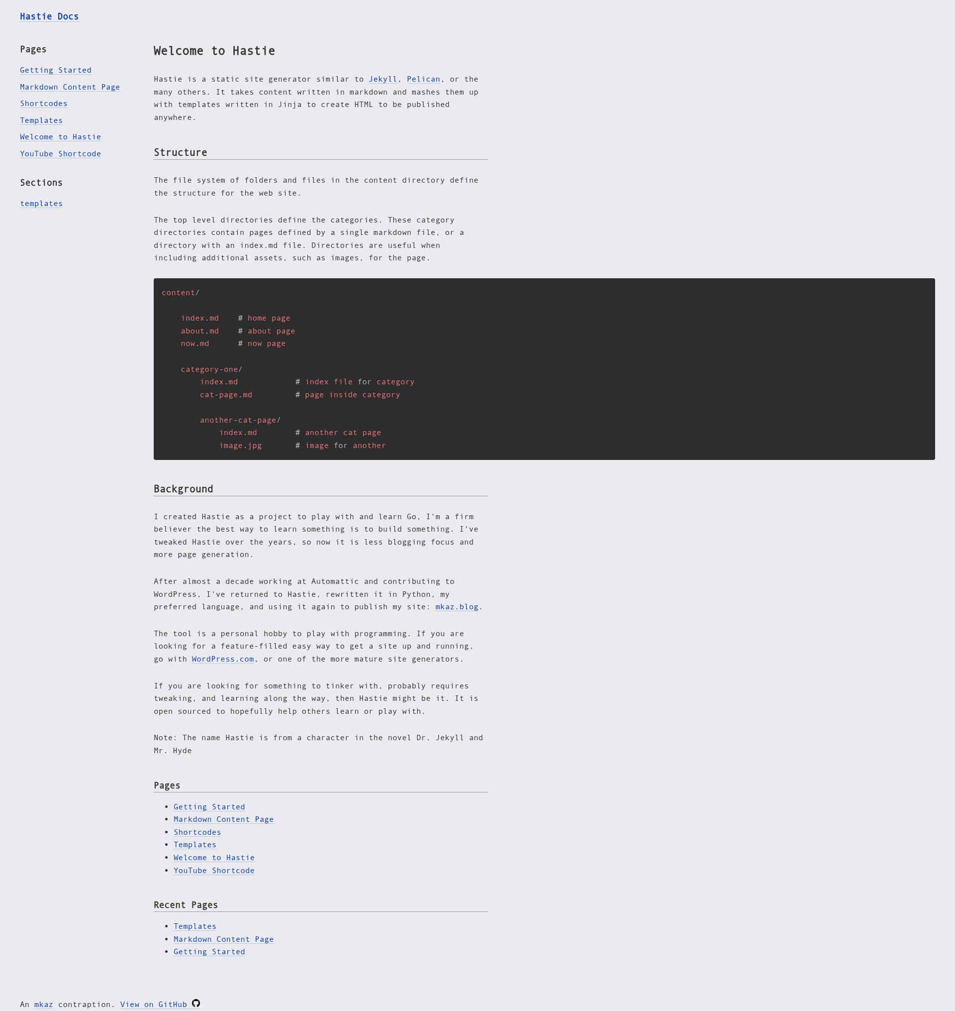 screenshot of Hastie on template0.com
