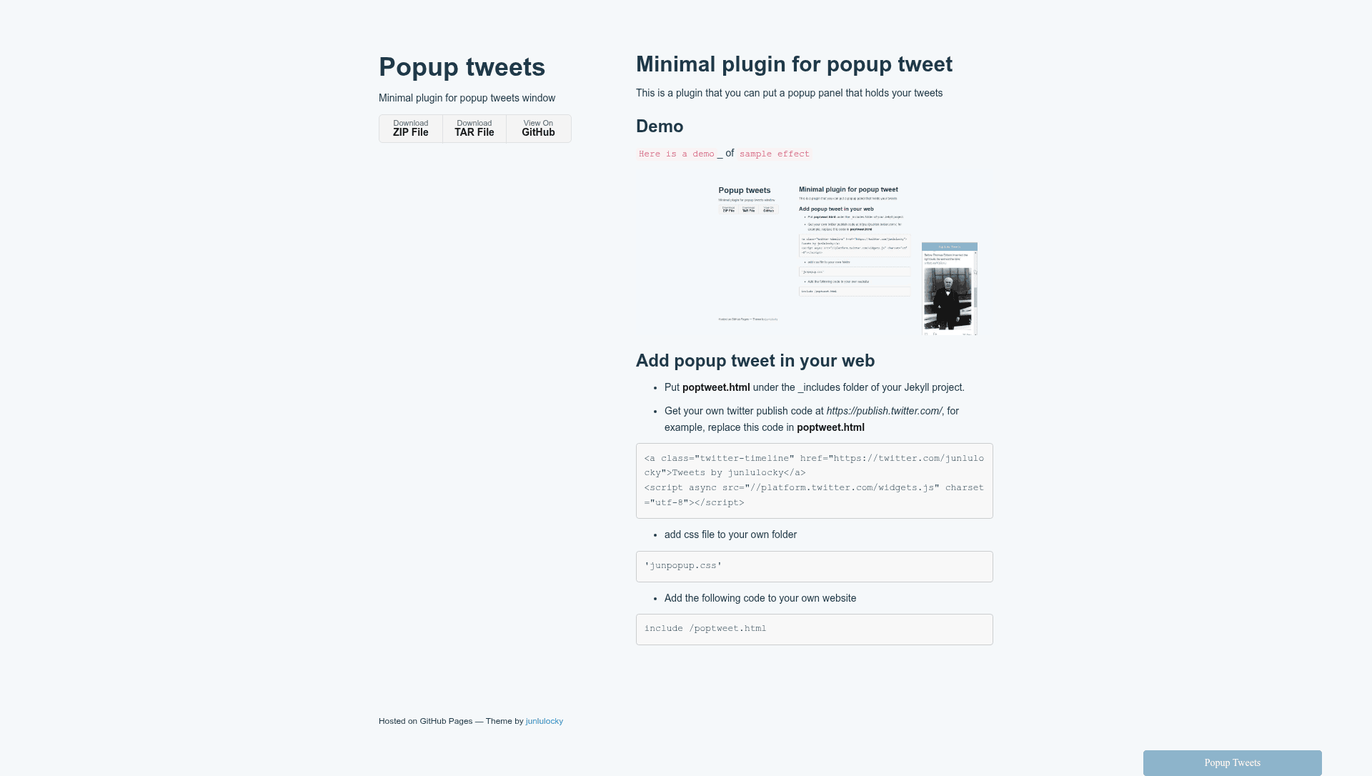 screenshot of Popup Tweets on template0.com
