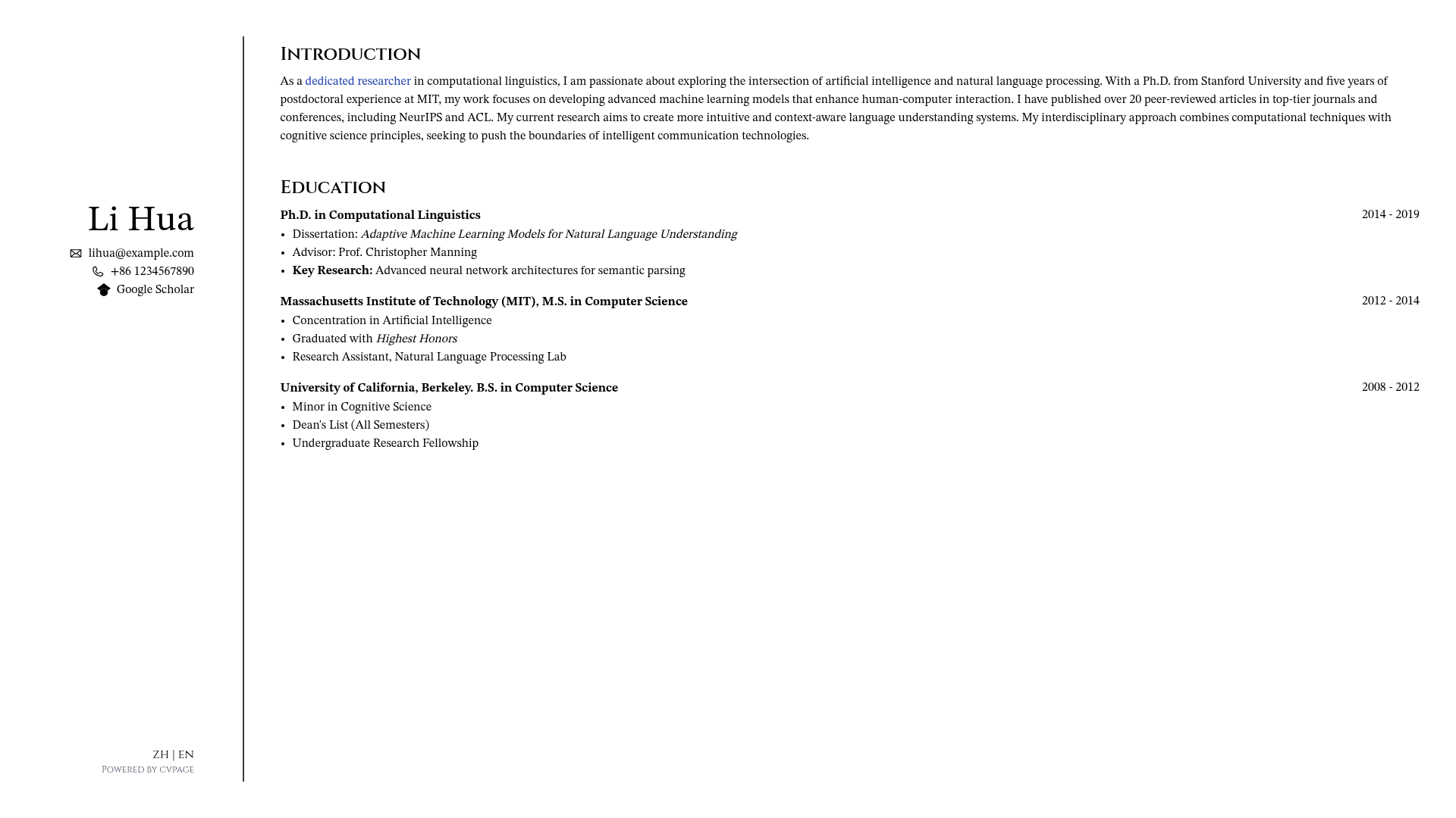 screenshot of CVPage on template0.com